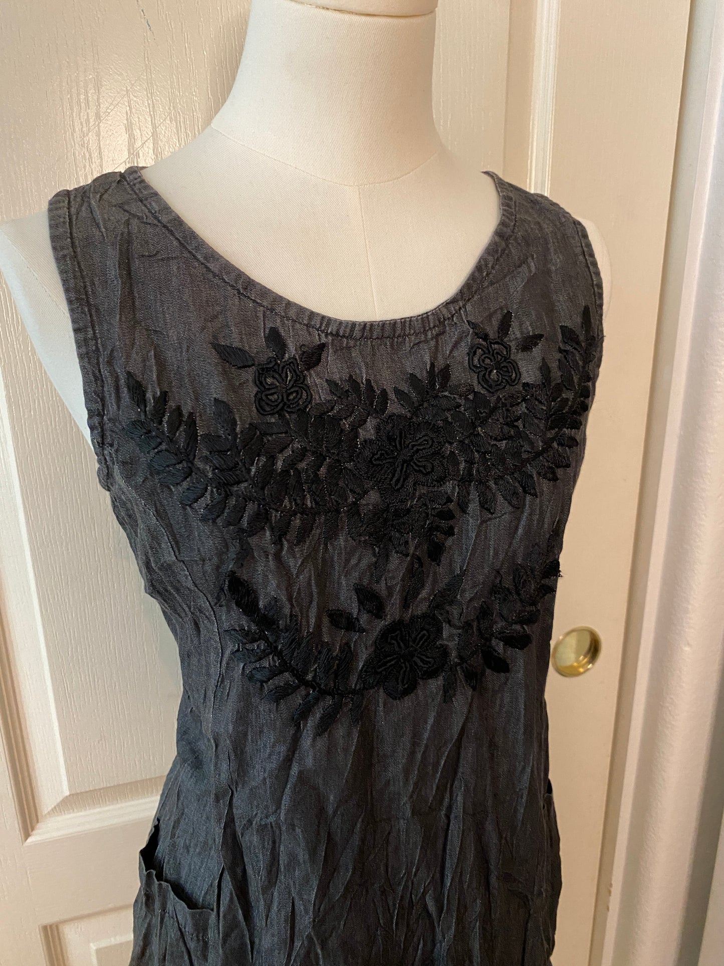 Abrazo Style Full Cotton Grey and Black Ethnic Embroidered Dress with Pockets