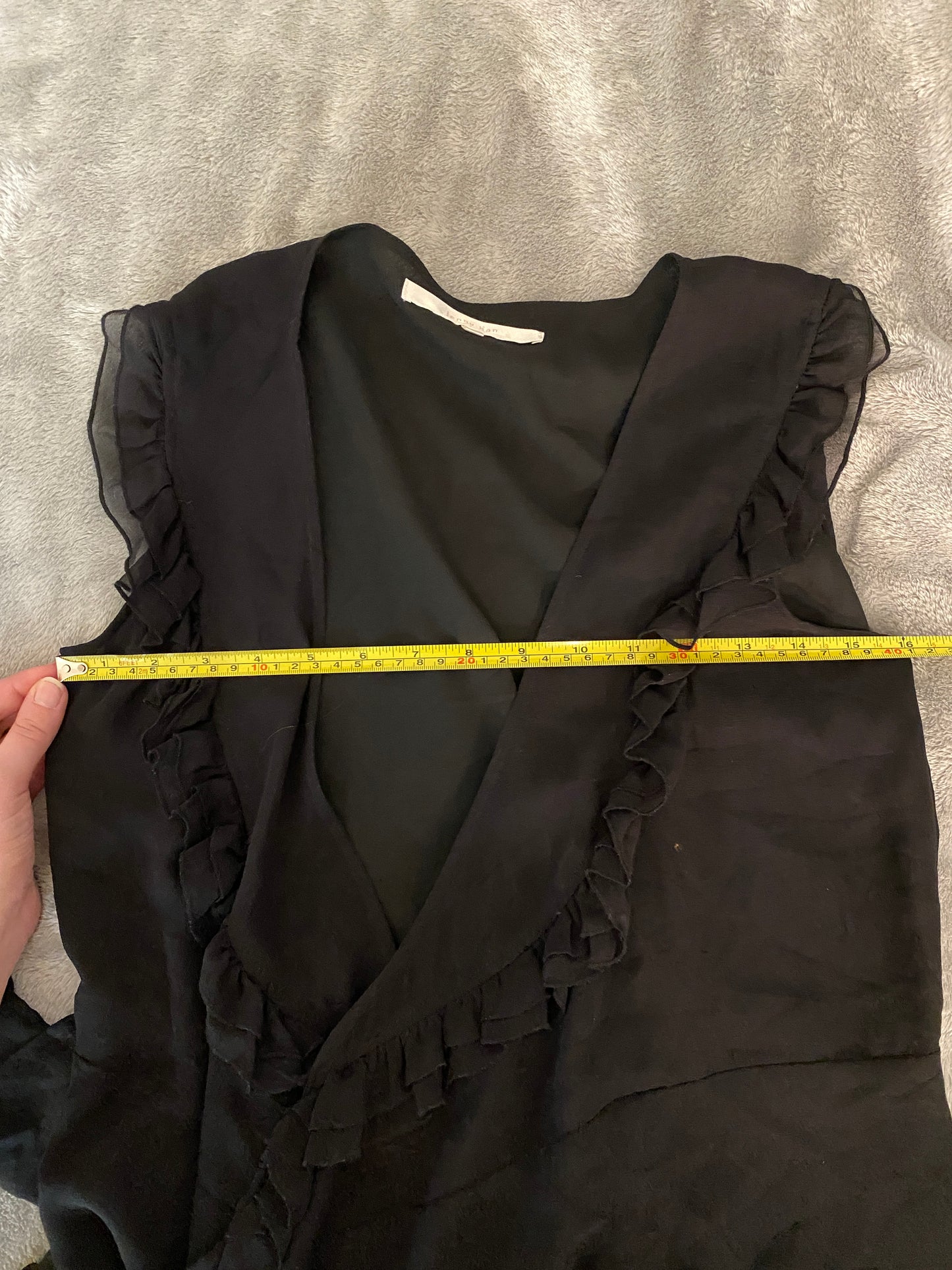 Jenny Han V Neck Ruffle Lace Black Sleeveless Wrap Dress