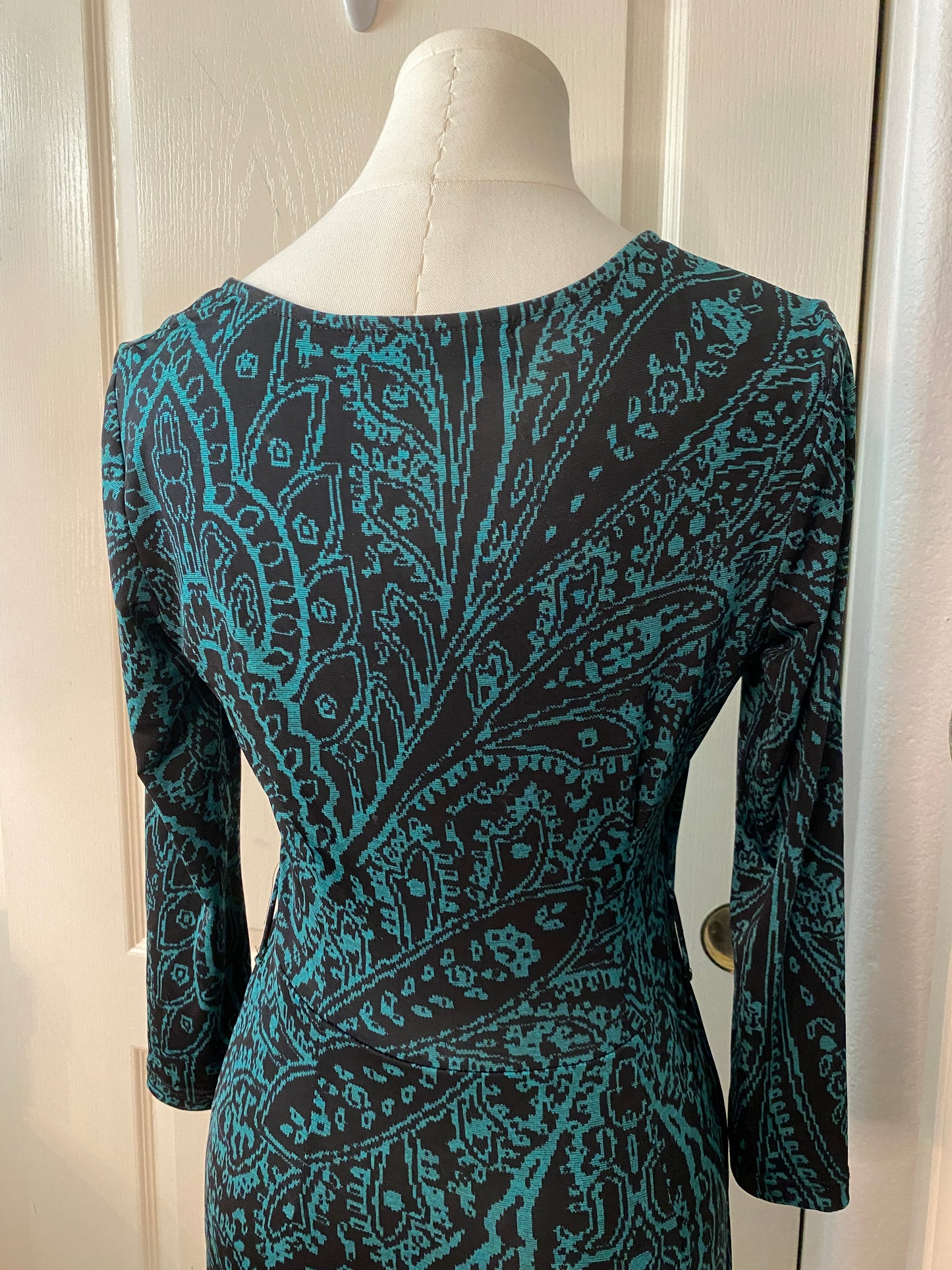 Ezra Teal and Black Pattern Long Sleeve V Neck Wrap Knee Length Dress