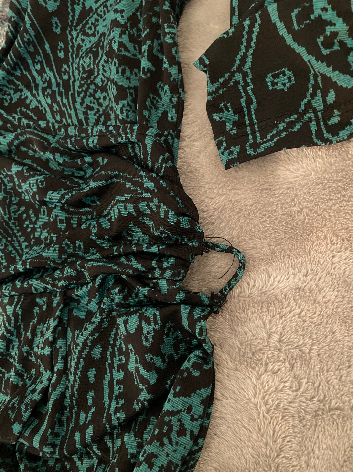 Ezra Teal and Black Pattern Long Sleeve V Neck Wrap Knee Length Dress