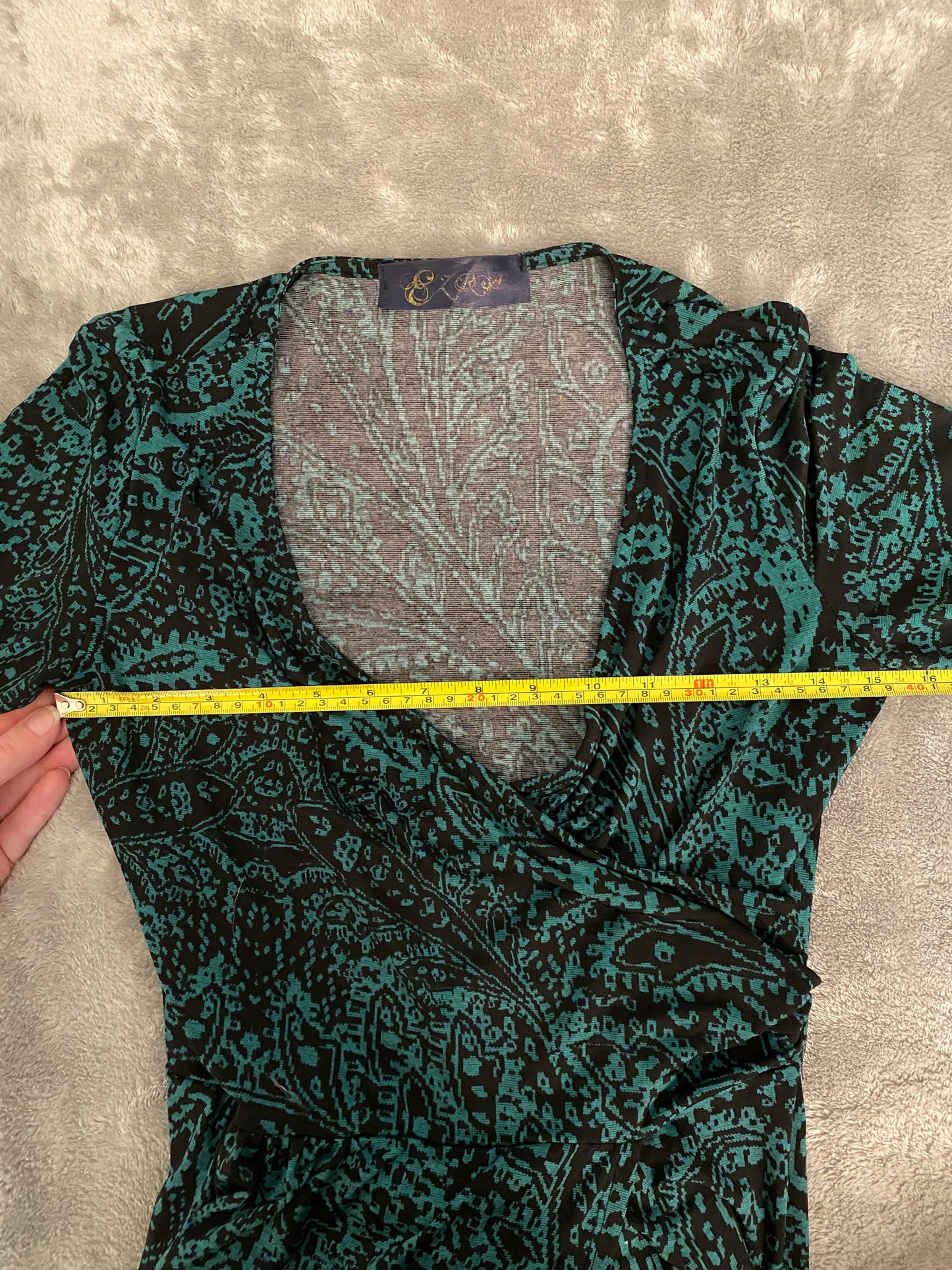 Ezra Teal and Black Pattern Long Sleeve V Neck Wrap Knee Length Dress