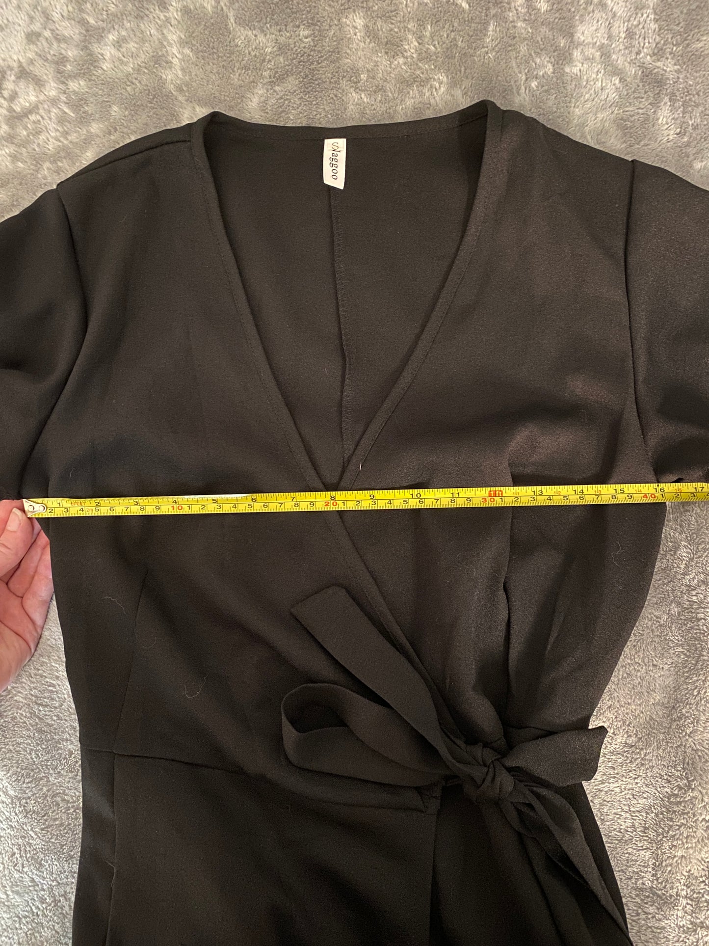 Black Short Sleeve Wrap Bow Ruffle Knee Length V Neck Feminine Dress