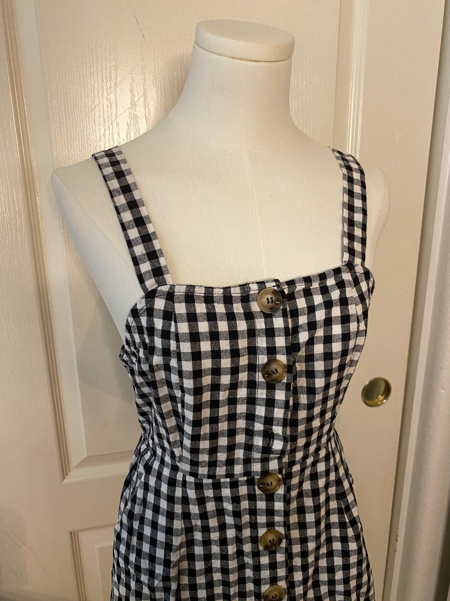 Hesperus Black and White Plaid Sleeveless Button Up Mini Dress Gingham