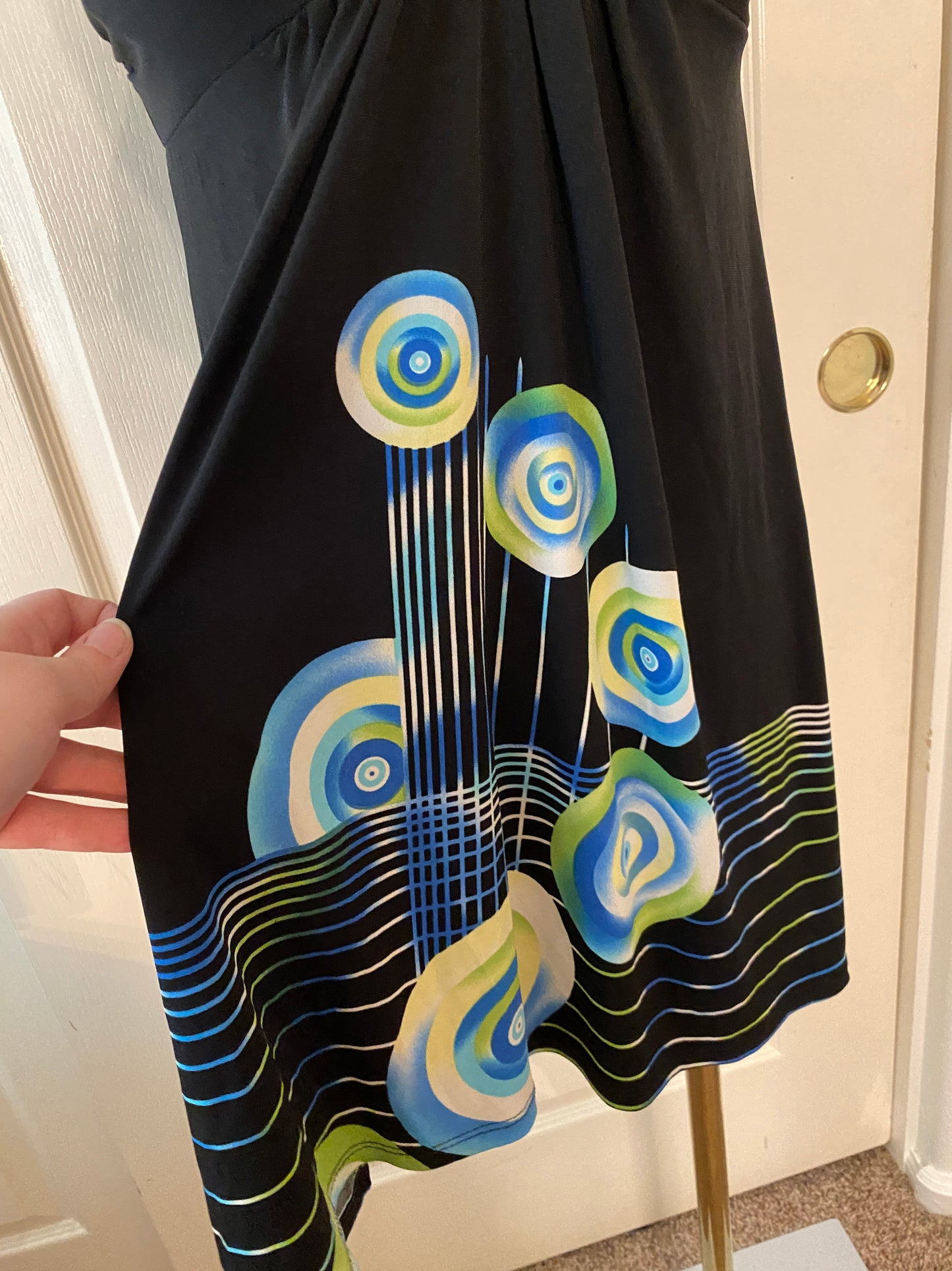 Poema Y2K Sleeveless Beaded Neck Wrap Black Blue Green Pattern Mini Dress