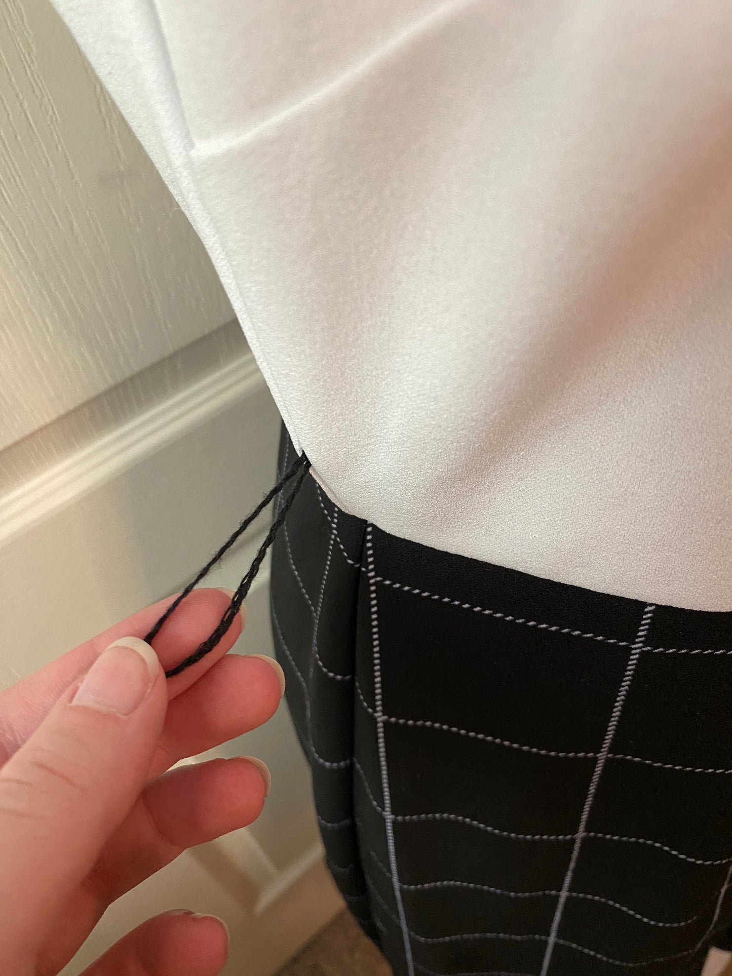 Shelby and Palmer White and Black Plaid Blouson Minimalistic Ruffle Midi Dress