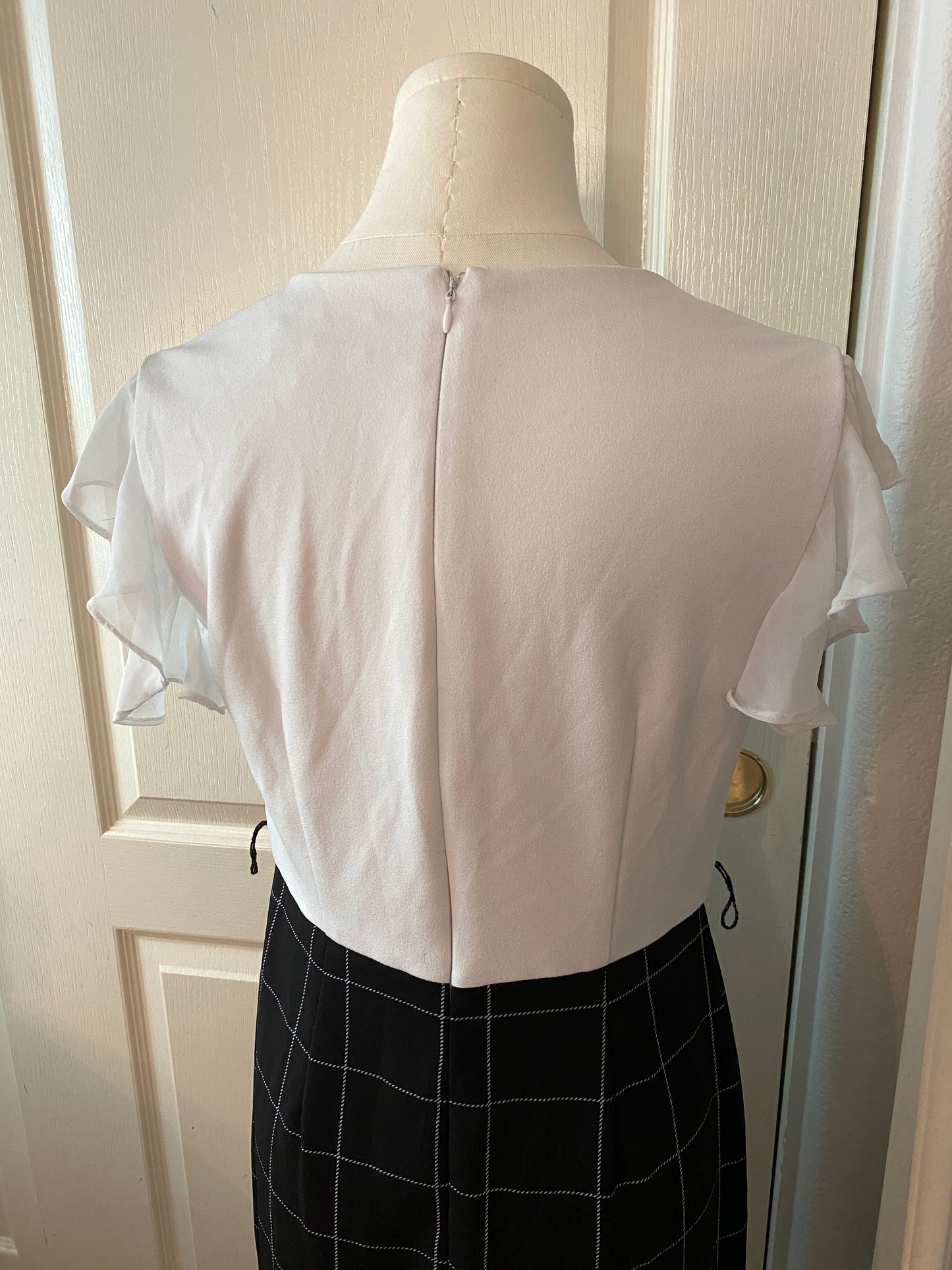 Shelby and Palmer White and Black Plaid Blouson Minimalistic Ruffle Midi Dress