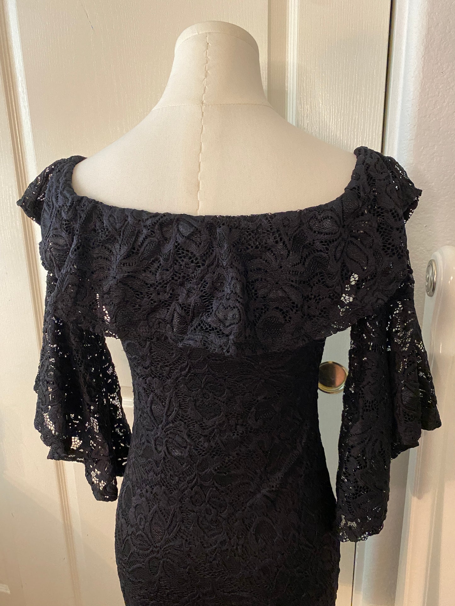 Ambiance Black Lace Formal Elegant Bell Sleeve Form Fit Ruffle Collar Mini Dress