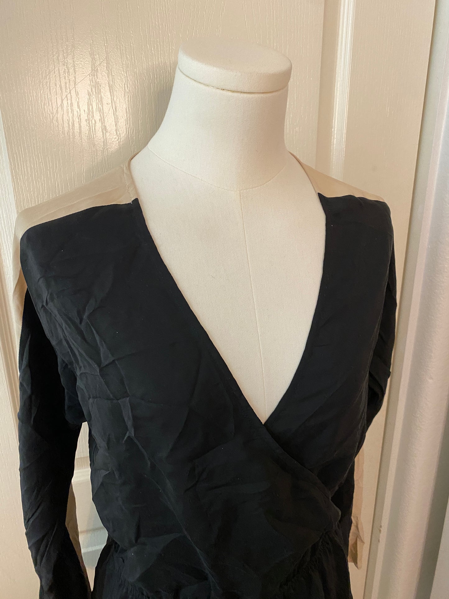 Parker Black Tan Beige V Neck Wrap Long Sleeve Knee Length Mini Feminine Dress
