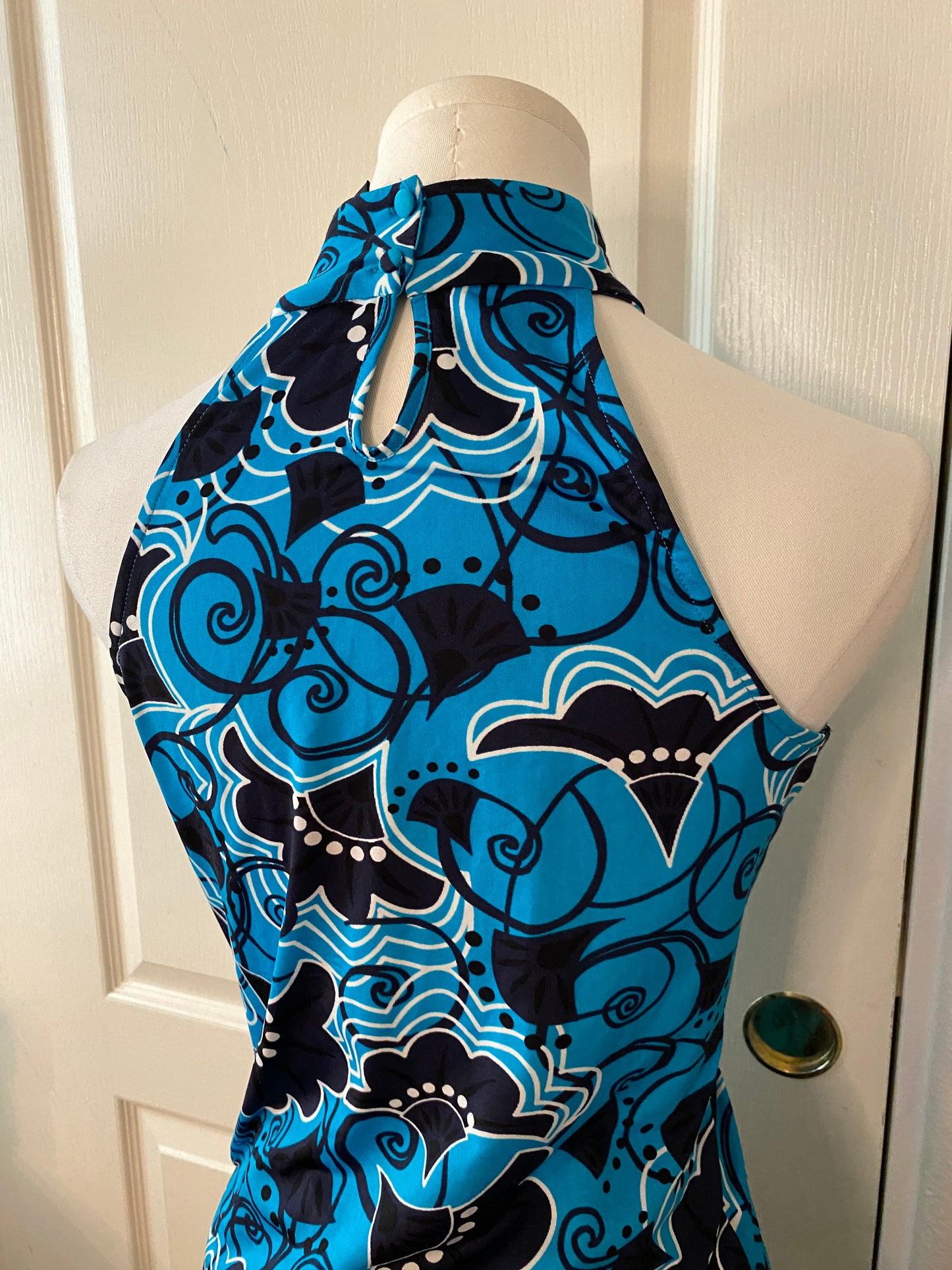 International Concepts Petite Y2k Blue Black Floral Sequin Sleeveless Halter Top