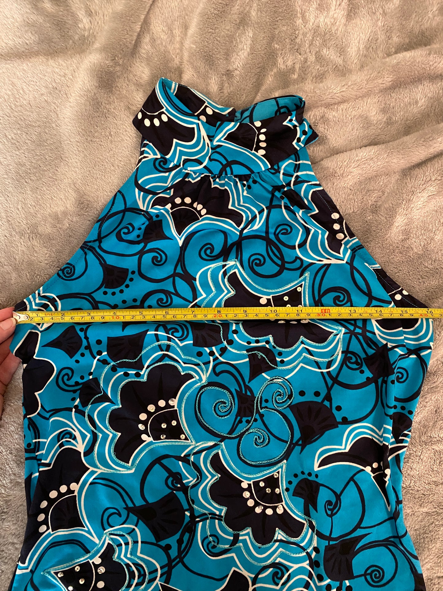 International Concepts Petite Y2k Blue Black Floral Sequin Sleeveless Halter Top