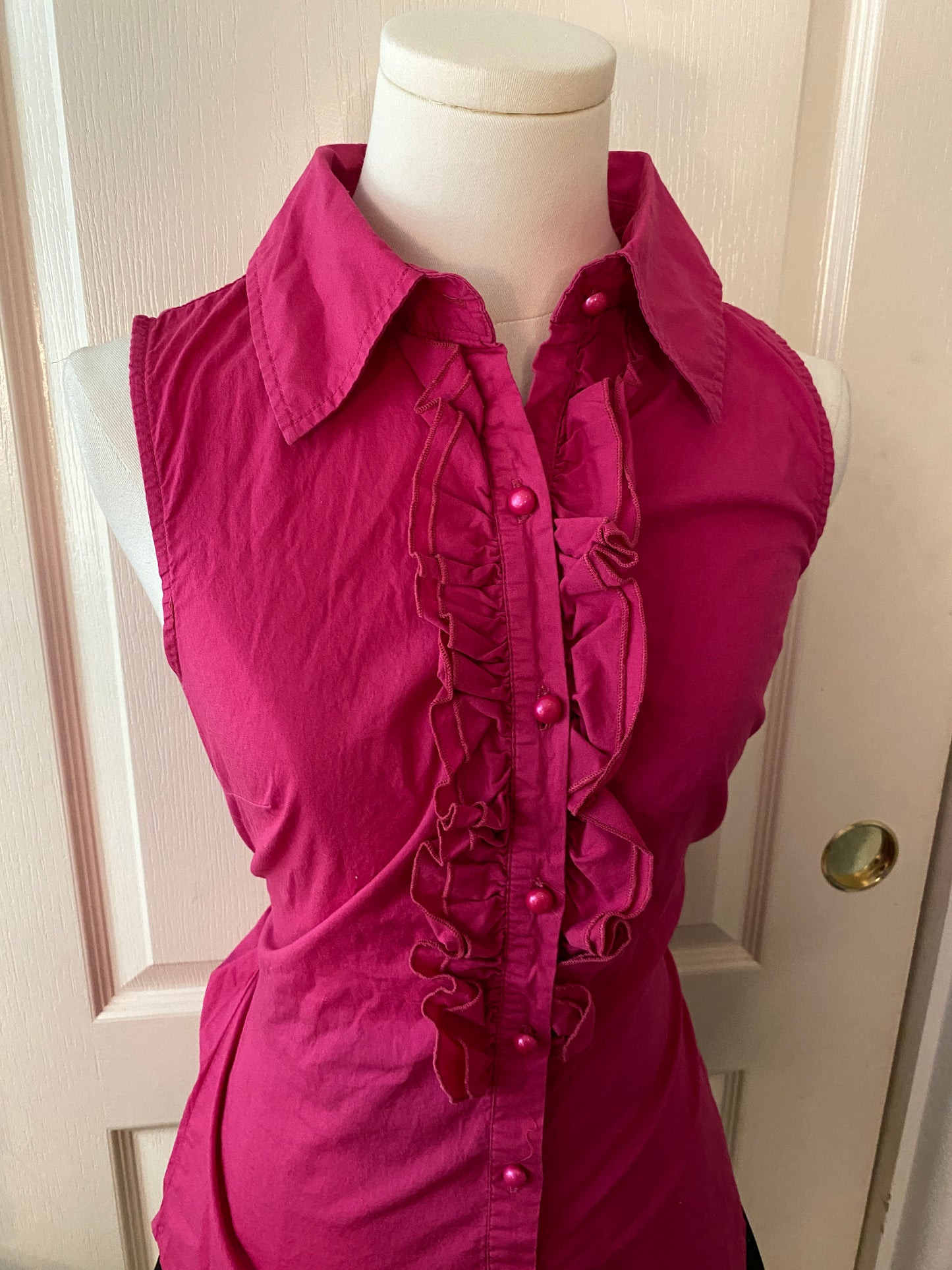 Rhapsody Vintage Pink Y2k Ruffle Sleeveless Button Up Tie Collared Blouse Top