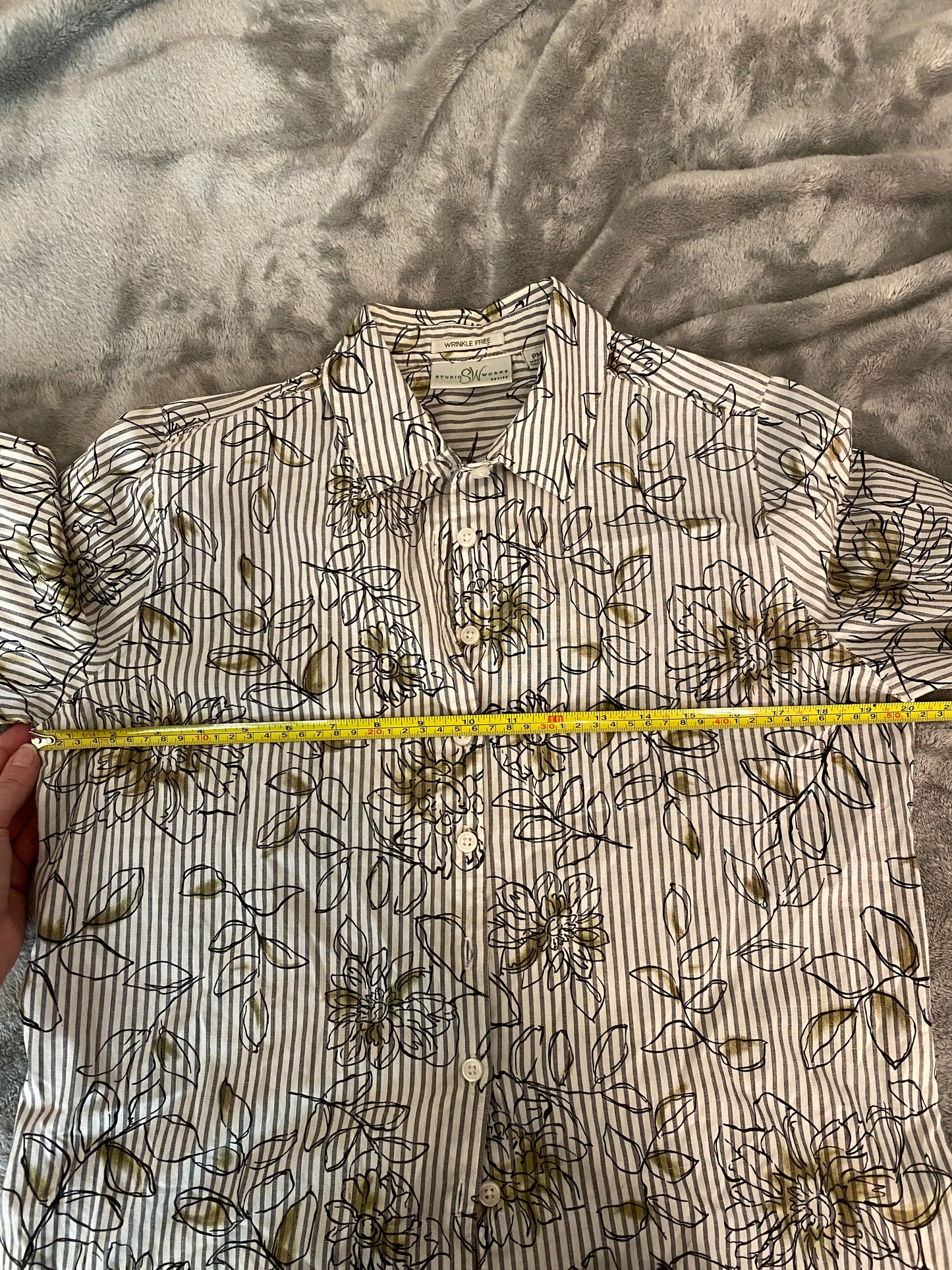 Studio Works Petite Button Up Floral Striped Long Sleeve Collared Feminine Top