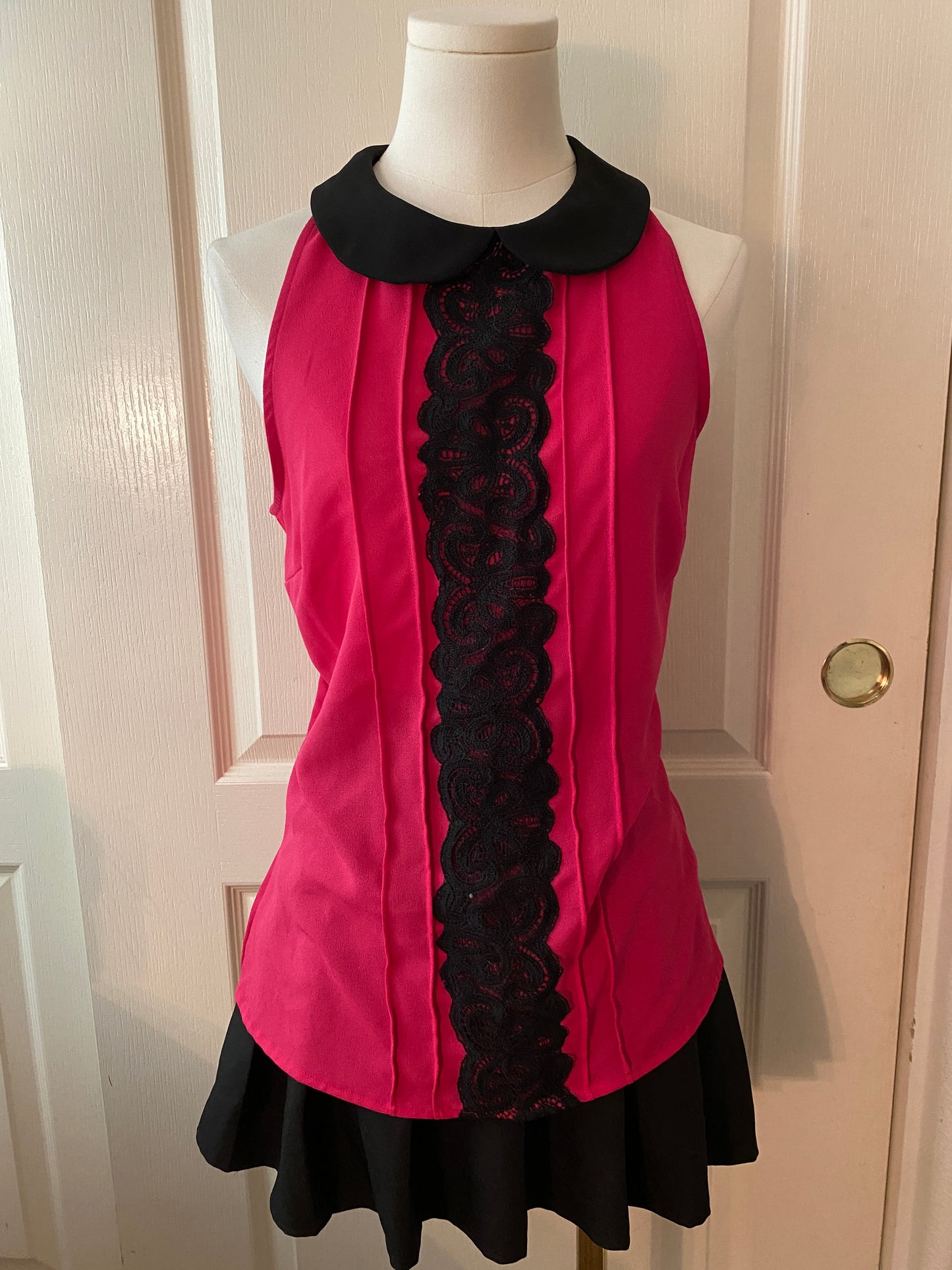 IZ Byer Hot Pink Black Lace Ruffle Sleeveless Feminine Collared Halter Top