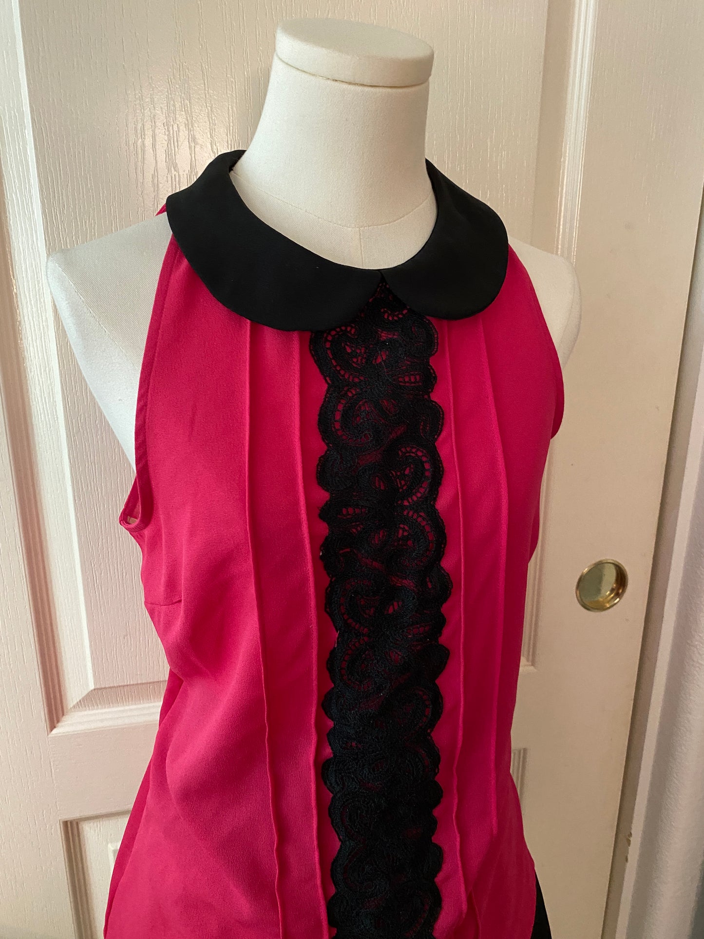 IZ Byer Hot Pink Black Lace Ruffle Sleeveless Feminine Collared Halter Top