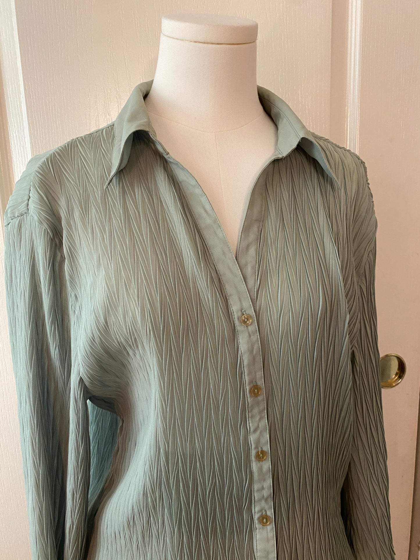 Nicola Green Safe Button Up Collared Long Sleeve Feminine Ruffle Blouse Top