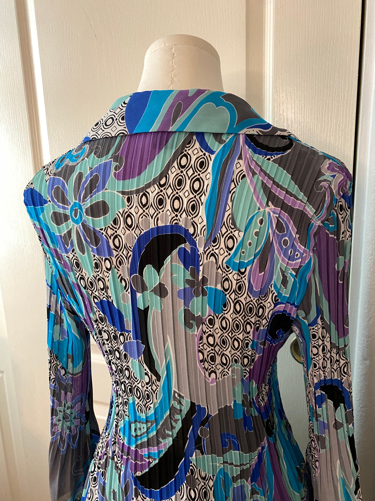 Sunny Taylor Petite Y2k Blue Purple Groovy Long Sleeve Ruffle Button Up Blouse