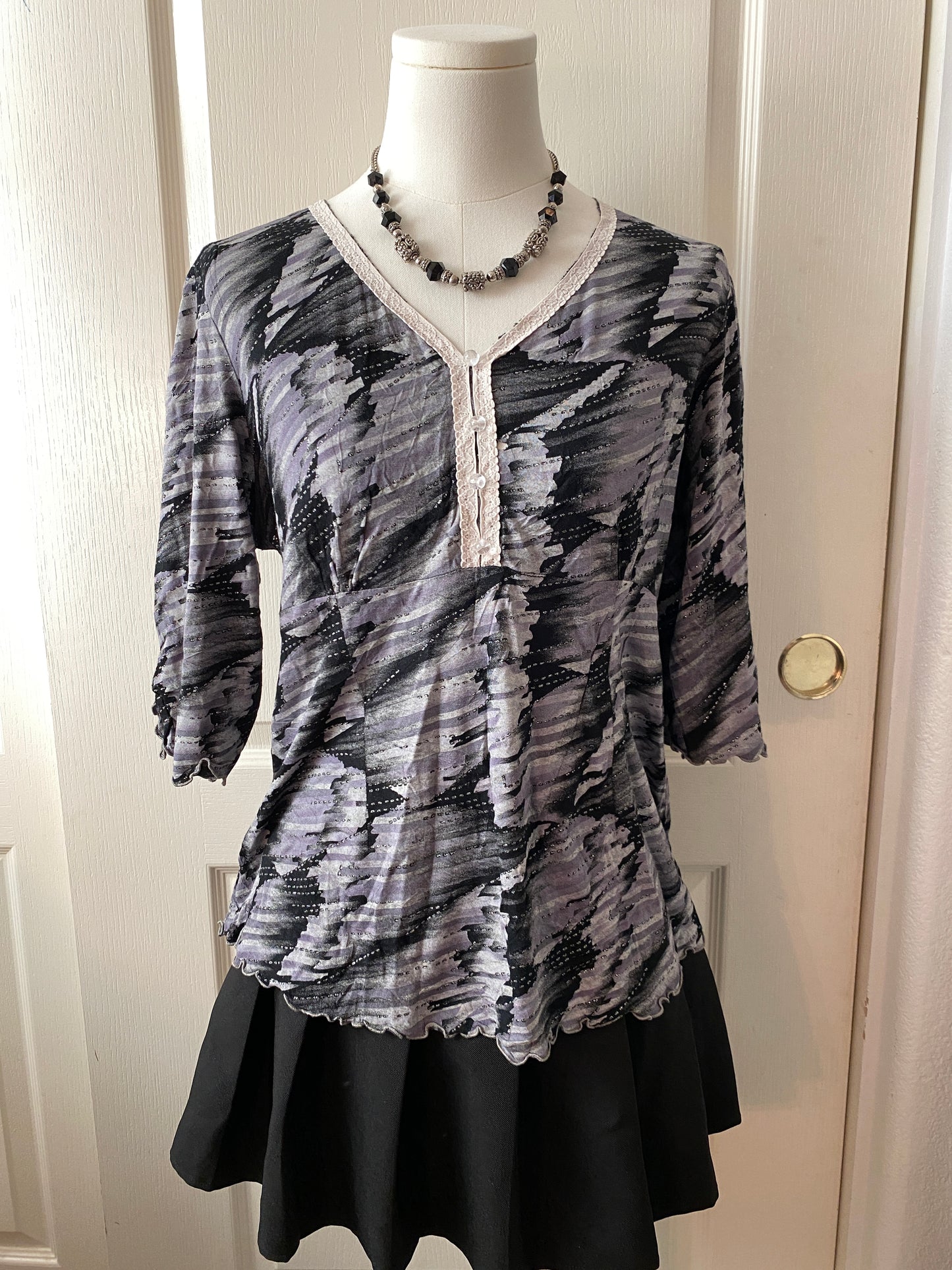 Grey Black Mid Sleeve V Neck Feminine Neutral Monochrome Button Up Blouse Top
