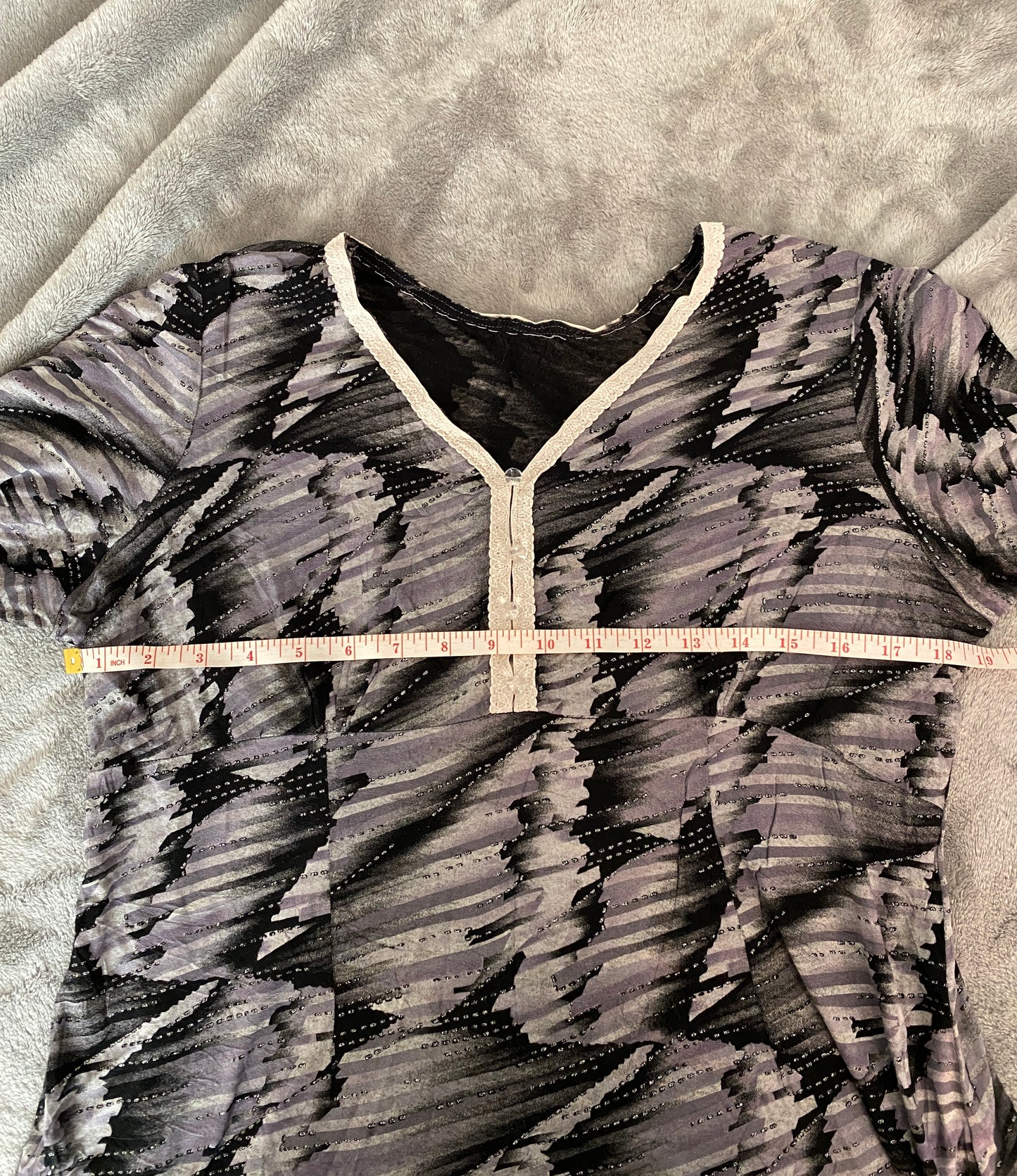 Grey Black Mid Sleeve V Neck Feminine Neutral Monochrome Button Up Blouse Top