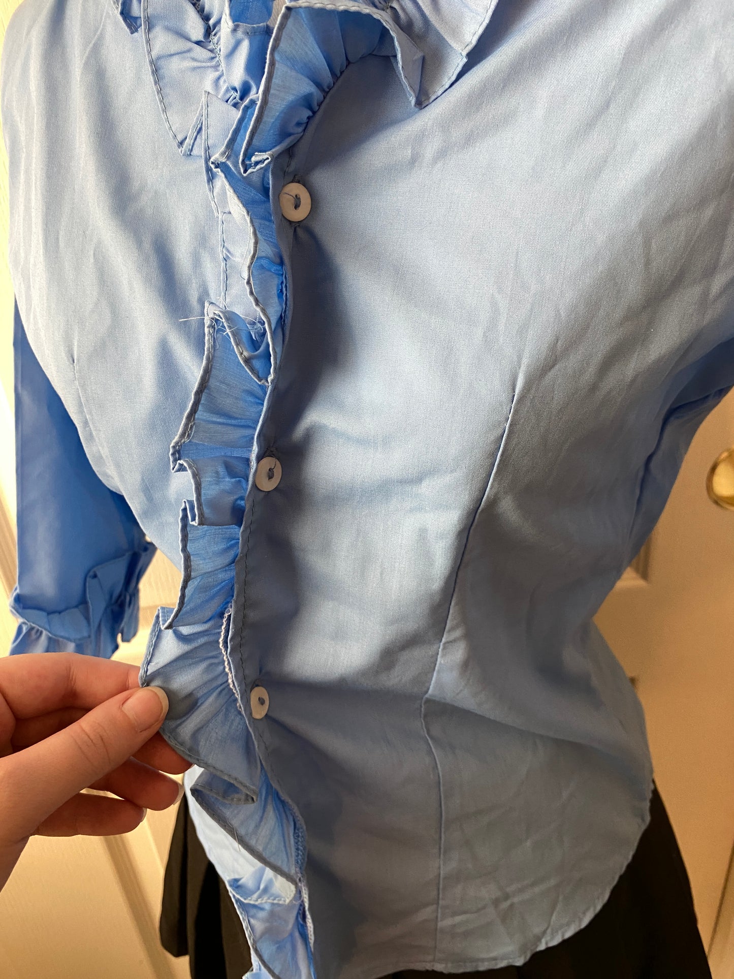 Pale Blue Ruffle Mid Sleeve Button Up Feminine Blouse Top