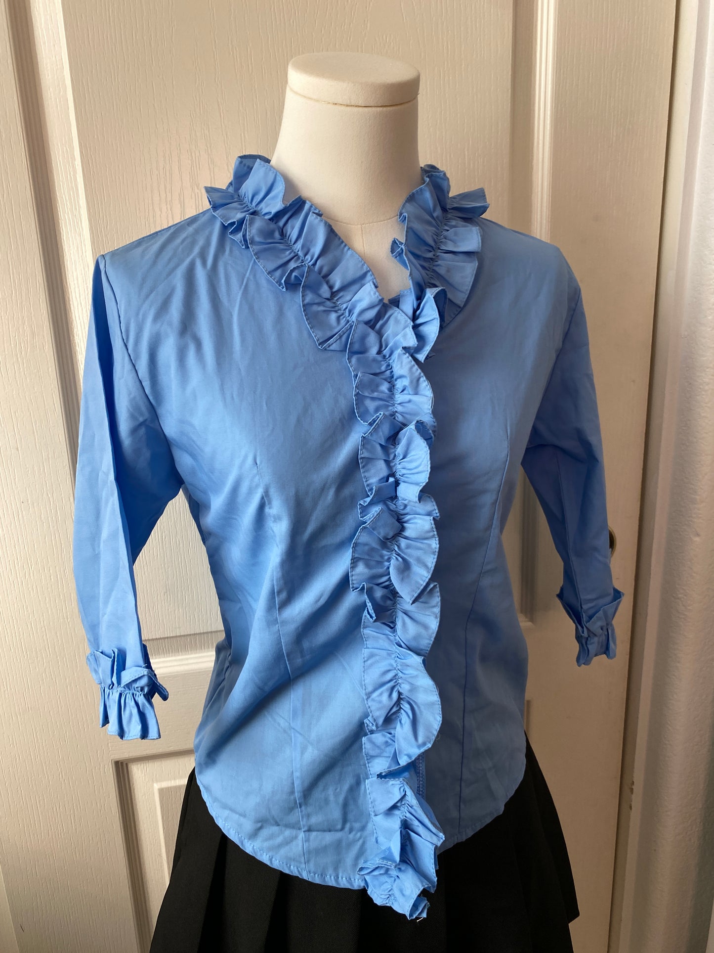 Pale Blue Ruffle Mid Sleeve Button Up Feminine Blouse Top