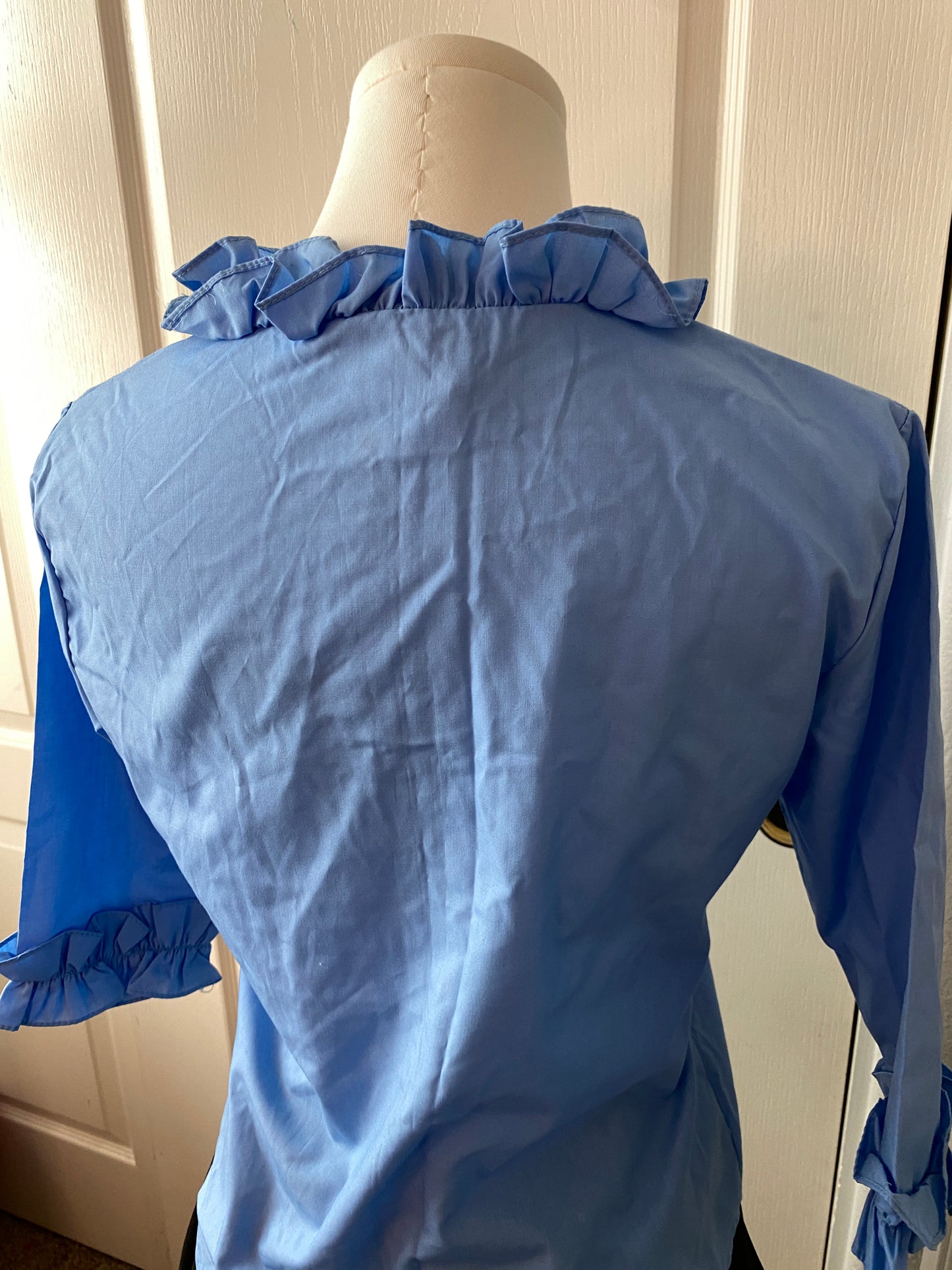 Pale Blue Ruffle Mid Sleeve Button Up Feminine Blouse Top