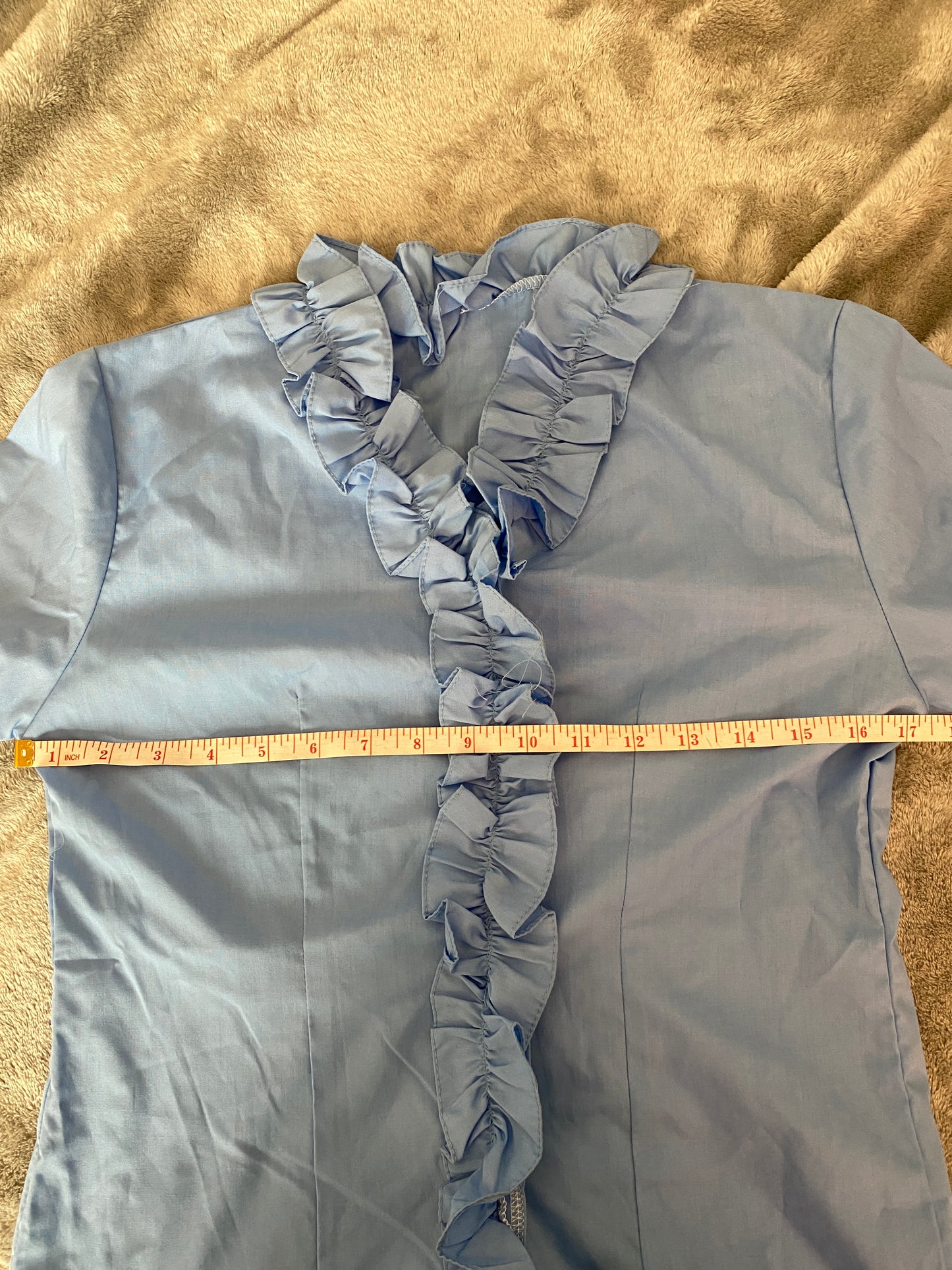 Pale Blue Ruffle Mid Sleeve Button Up Feminine Blouse Top