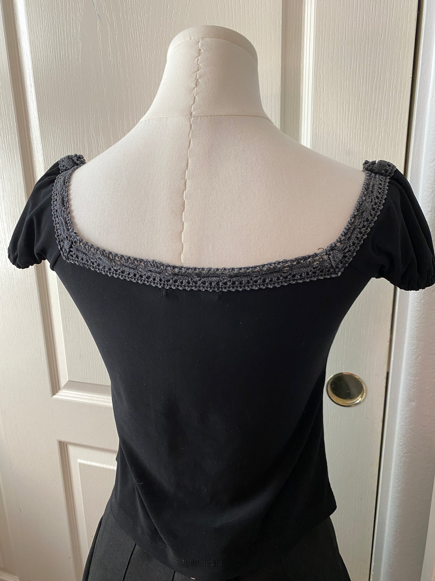 V Connect Black Grey Gothic Square Neck Short Sleeve Mini Feminine Top