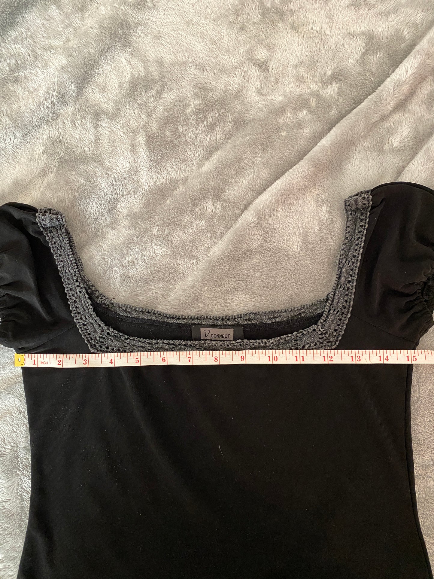 V Connect Black Grey Gothic Square Neck Short Sleeve Mini Feminine Top