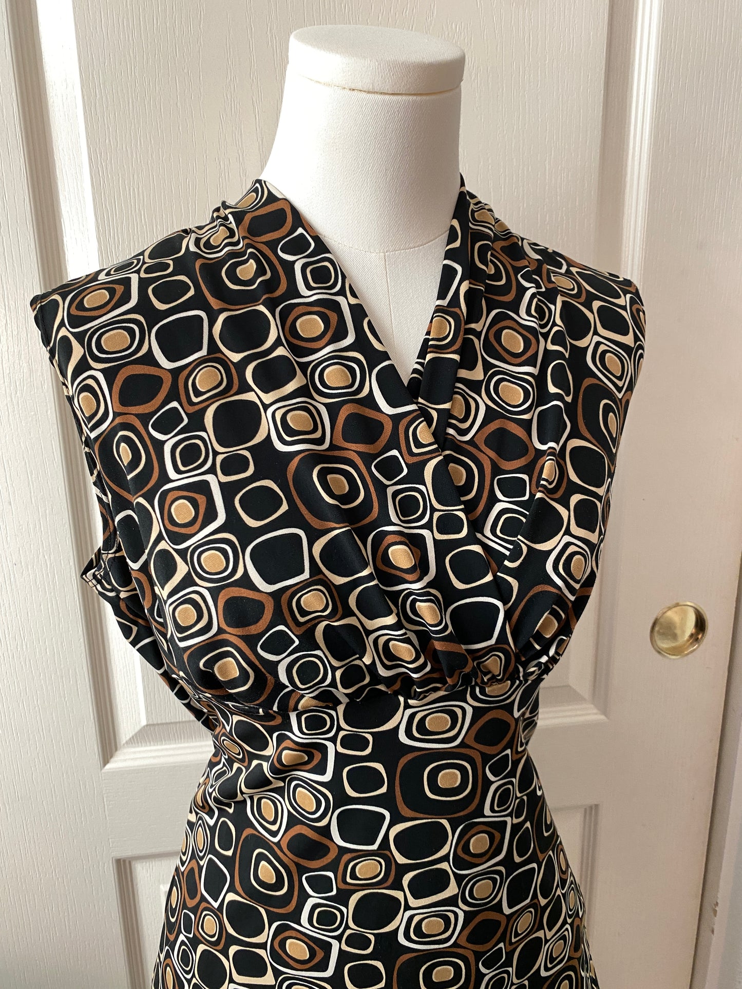 JKLA California Black and Brown Squares V Neck Wrap Sleeveless Blouse Top