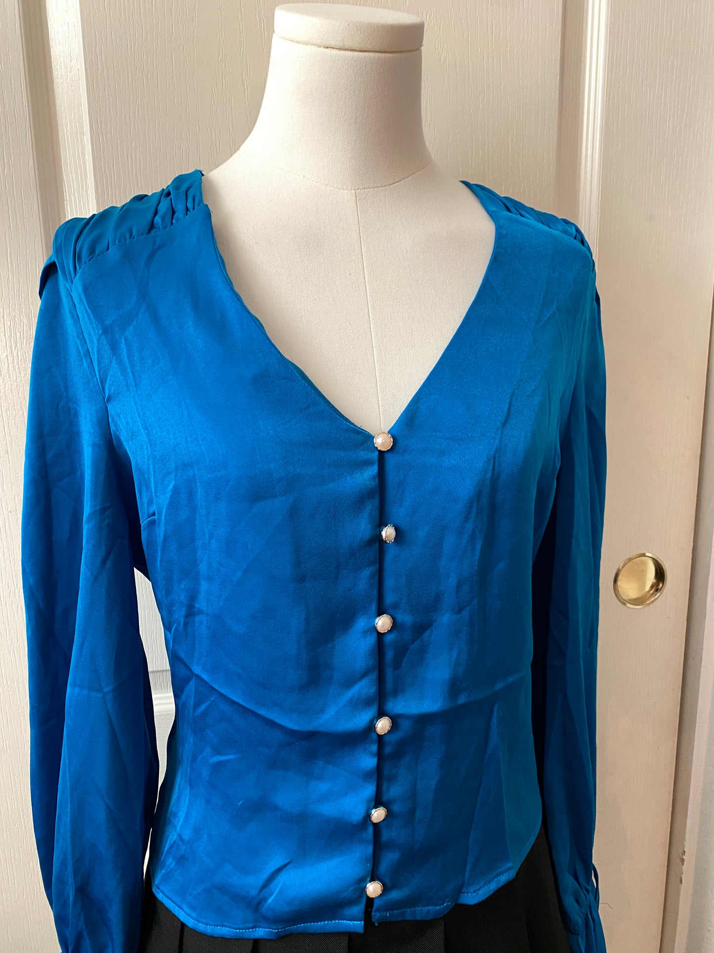 Milk and Honey Blue V Neck Ruffle Long Sleeve Faux Pearl Button Up Blouse Top