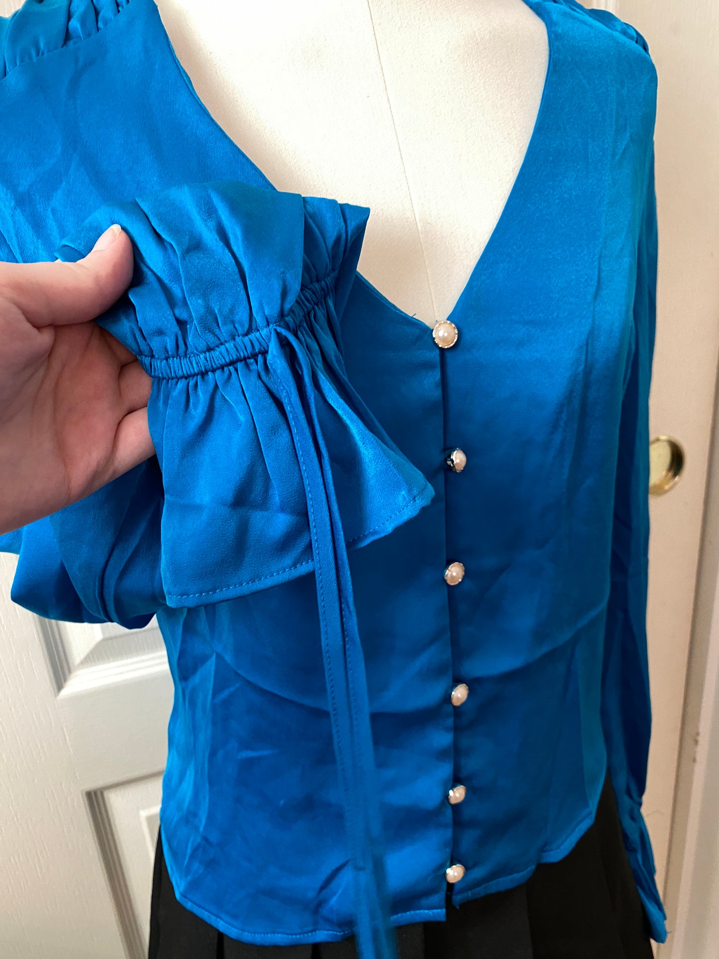 Milk and Honey Blue V Neck Ruffle Long Sleeve Faux Pearl Button Up Blouse Top