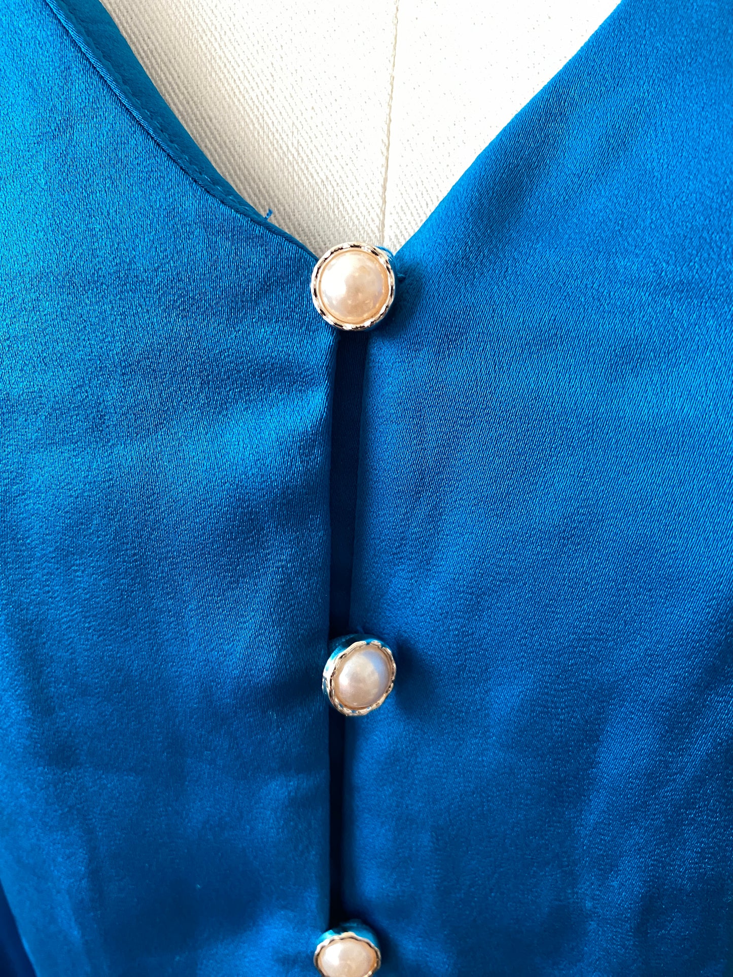 Milk and Honey Blue V Neck Ruffle Long Sleeve Faux Pearl Button Up Blouse Top