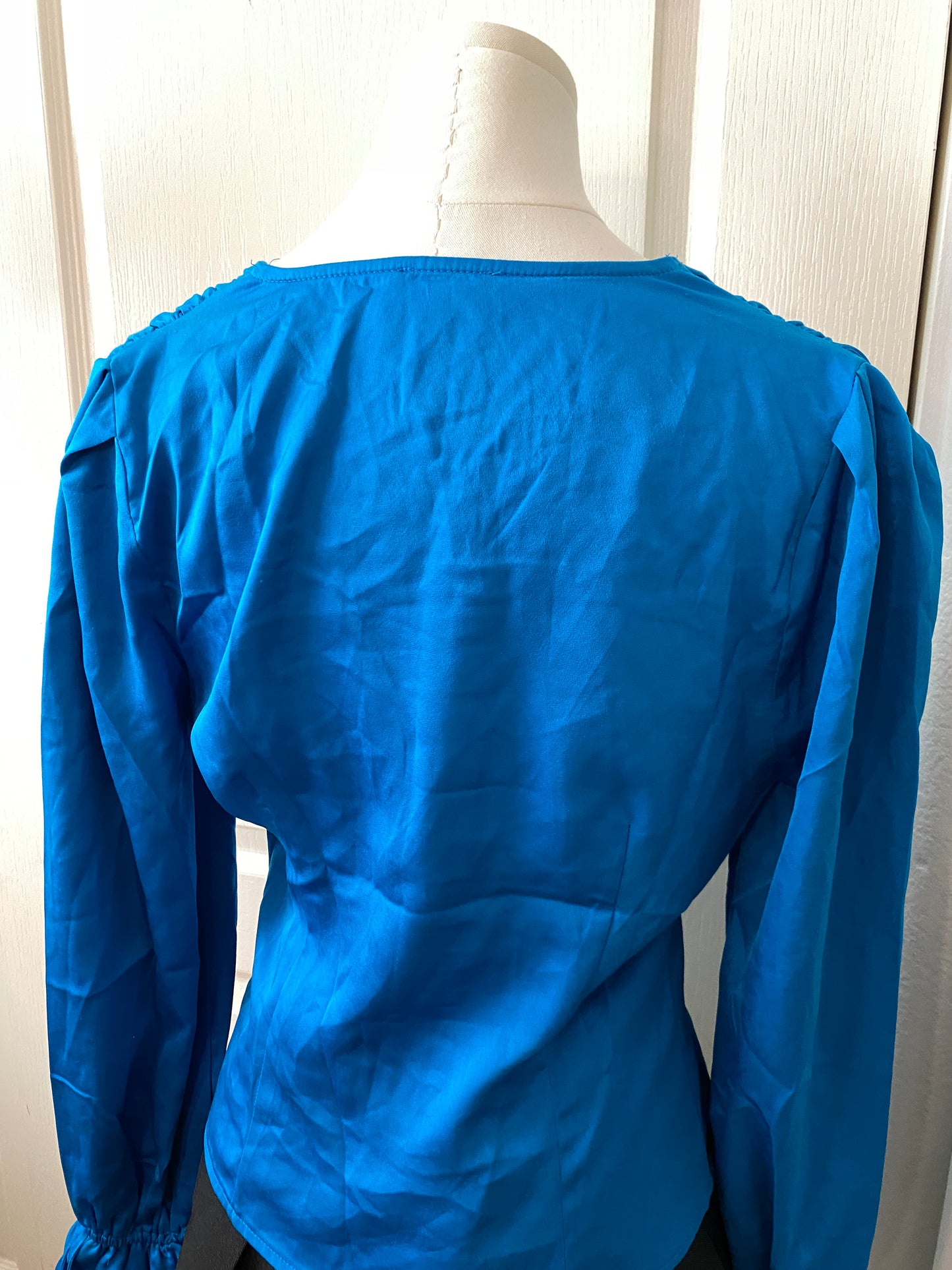 Milk and Honey Blue V Neck Ruffle Long Sleeve Faux Pearl Button Up Blouse Top