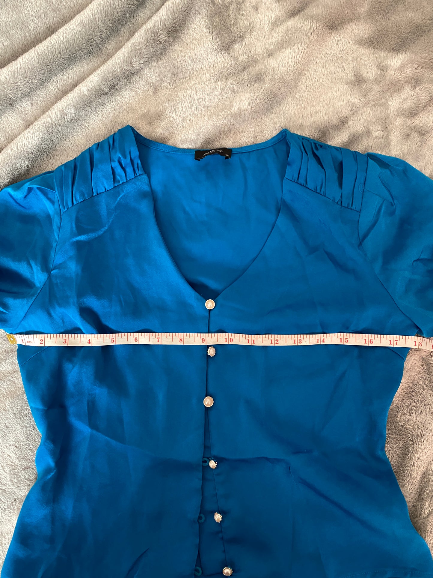 Milk and Honey Blue V Neck Ruffle Long Sleeve Faux Pearl Button Up Blouse Top