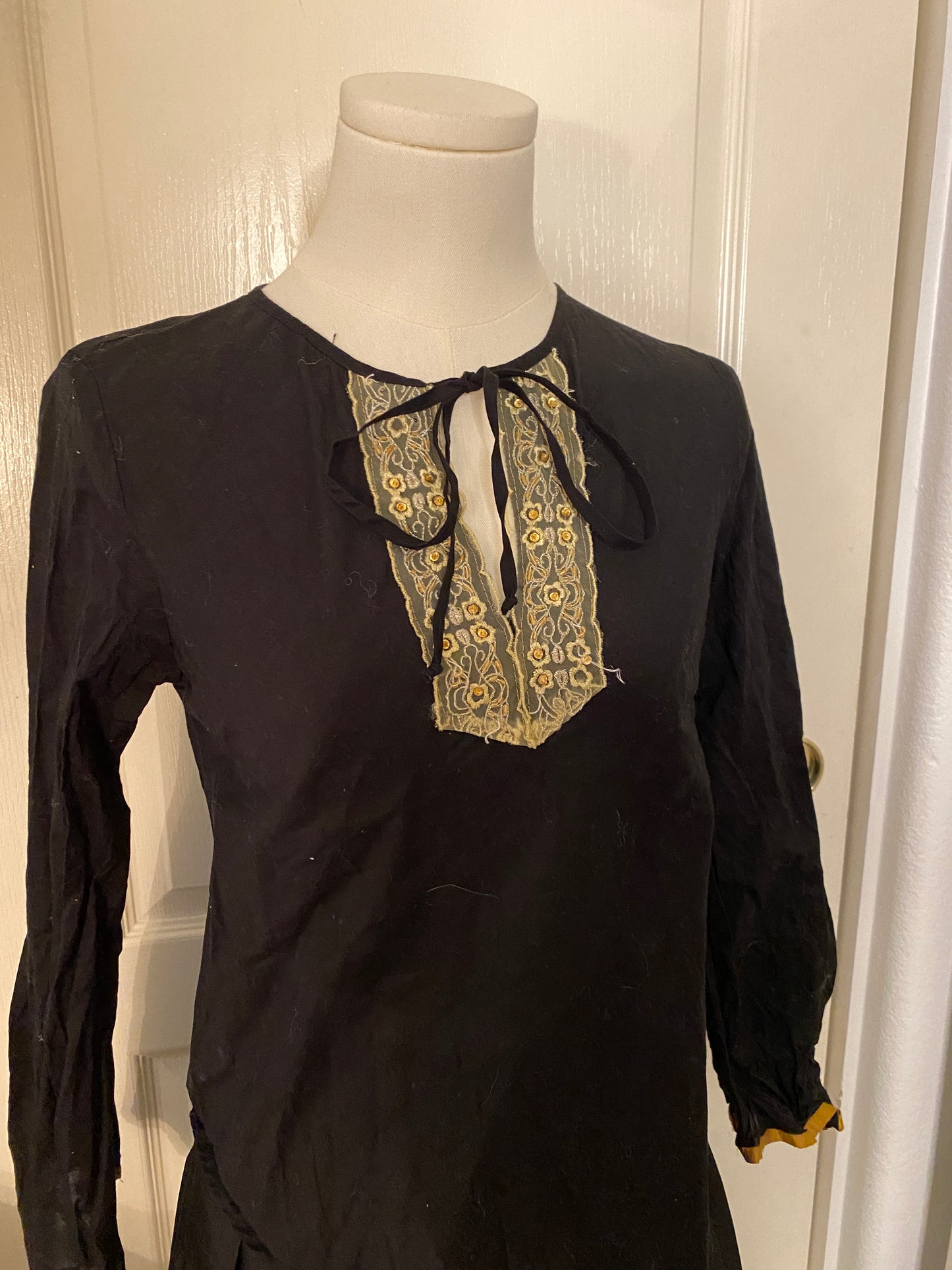 Black and Gold Long Sleeve Fall Autumn Blouse Tunic Tie Collar Floral Detail