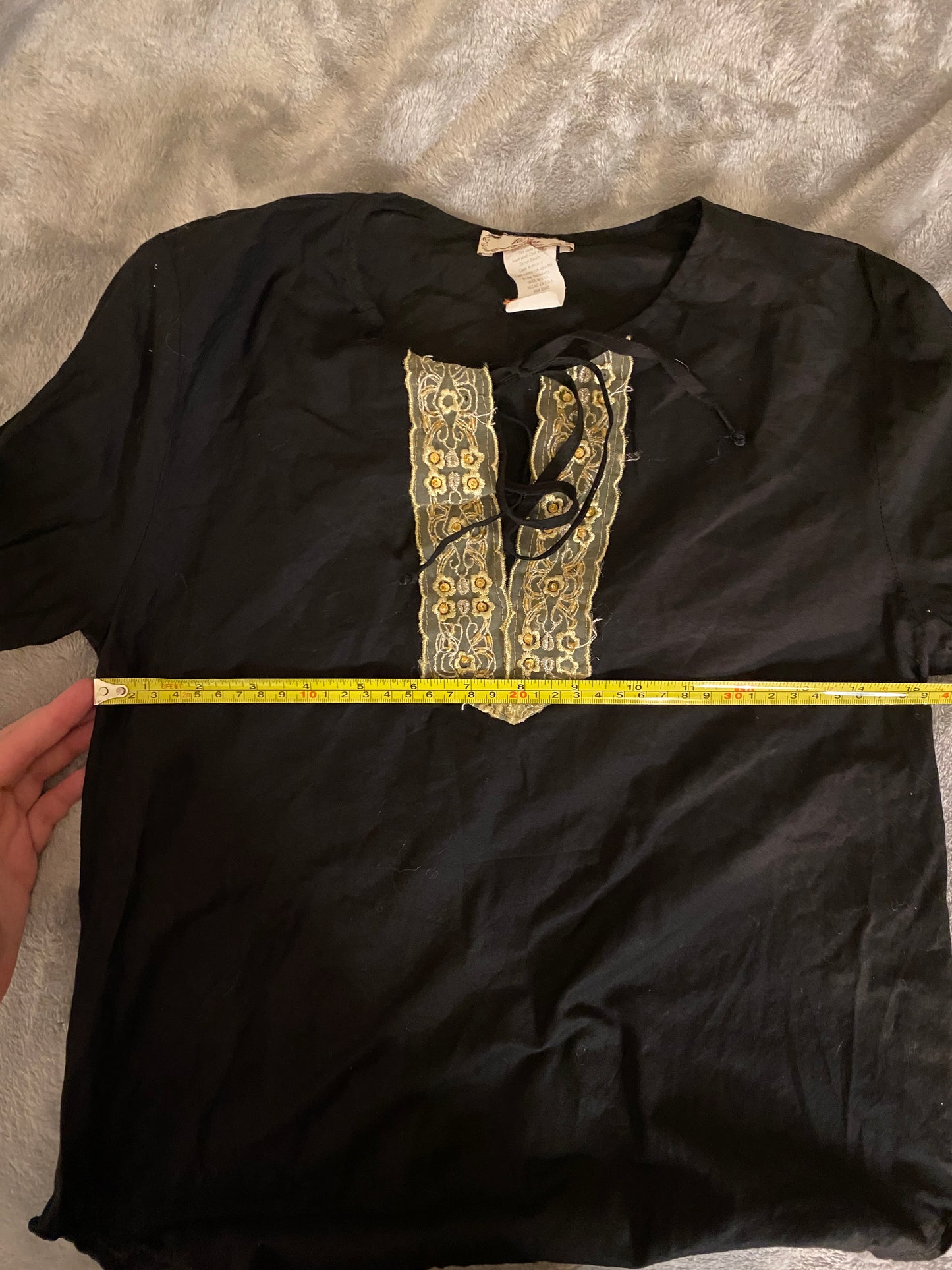 Black and Gold Long Sleeve Fall Autumn Blouse Tunic Tie Collar Floral Detail