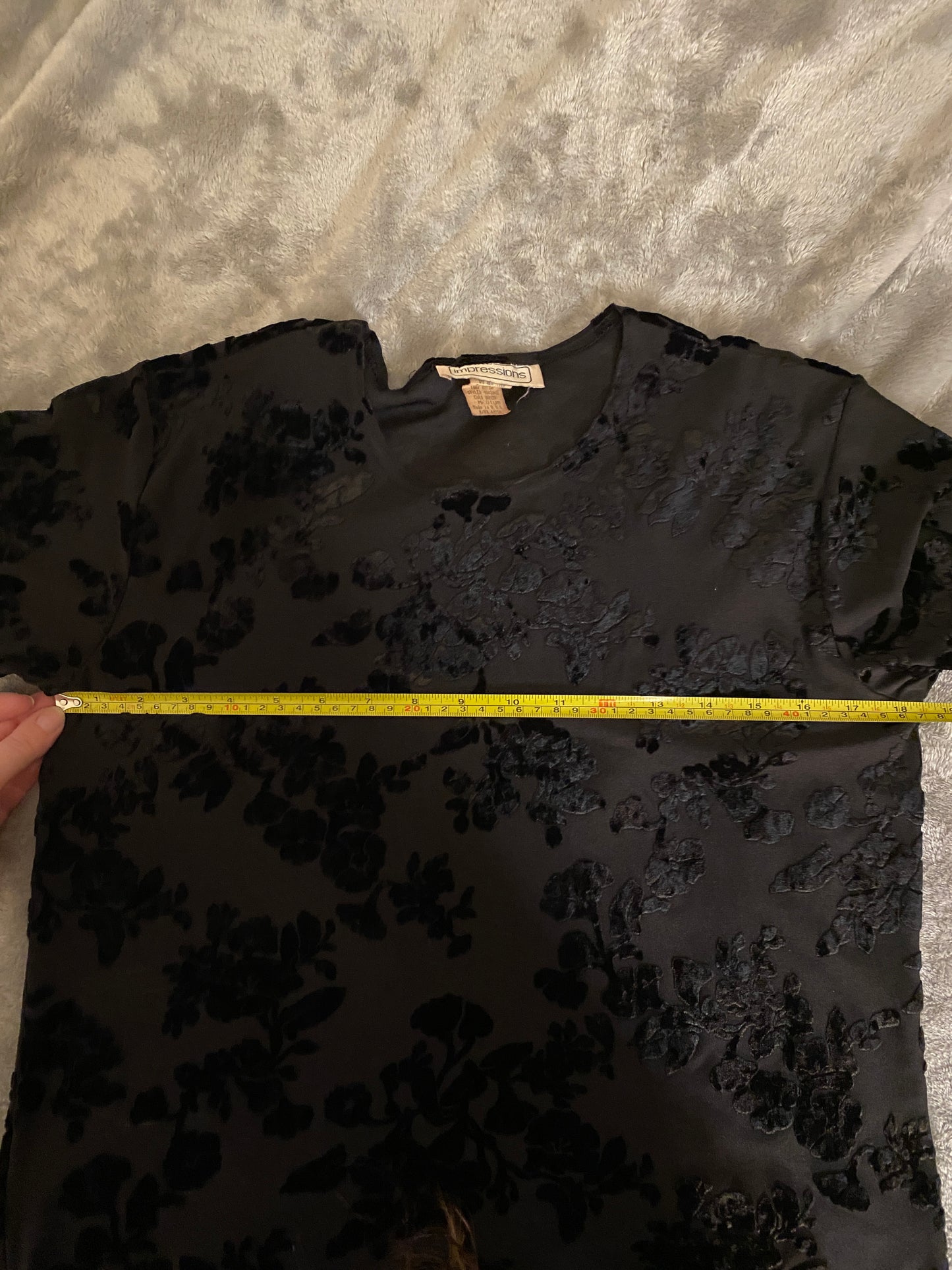 Impressions Black Velvet Floral Short Sleeve Feminine Top T-shirt Tunic