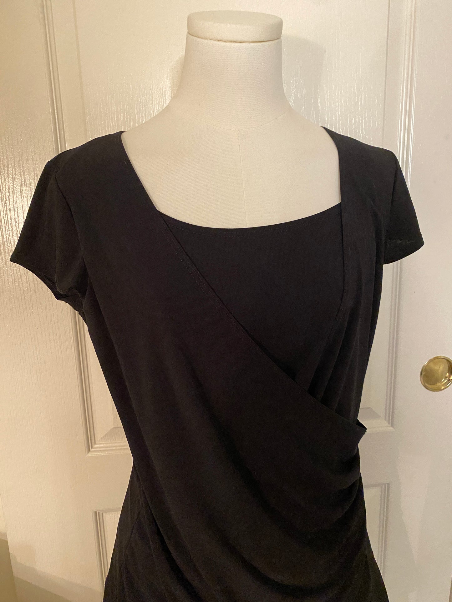 Black Wrap Square Neck Short Sleeve Feminine Casual Summer Top Tunic Shirt
