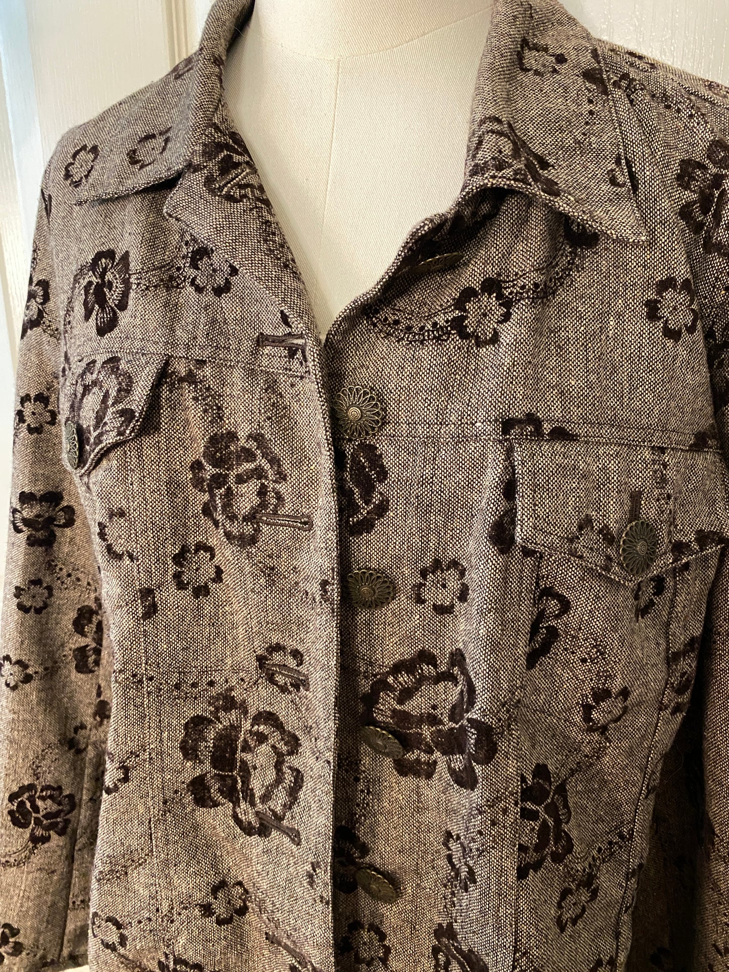 Acorn Brown Floral Embroidered Button Up Jacket Blazer Autumn Fall Earthy
