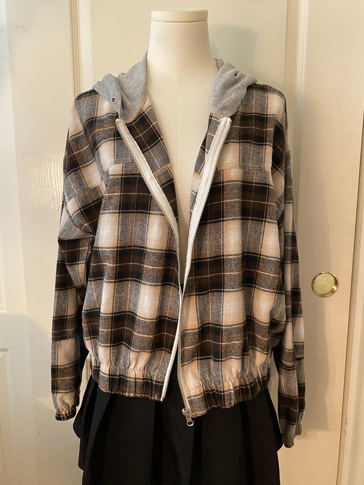 New Look Plaid Brown Tan Autumn Fall Zip Up Hooded Jacket Hoodie