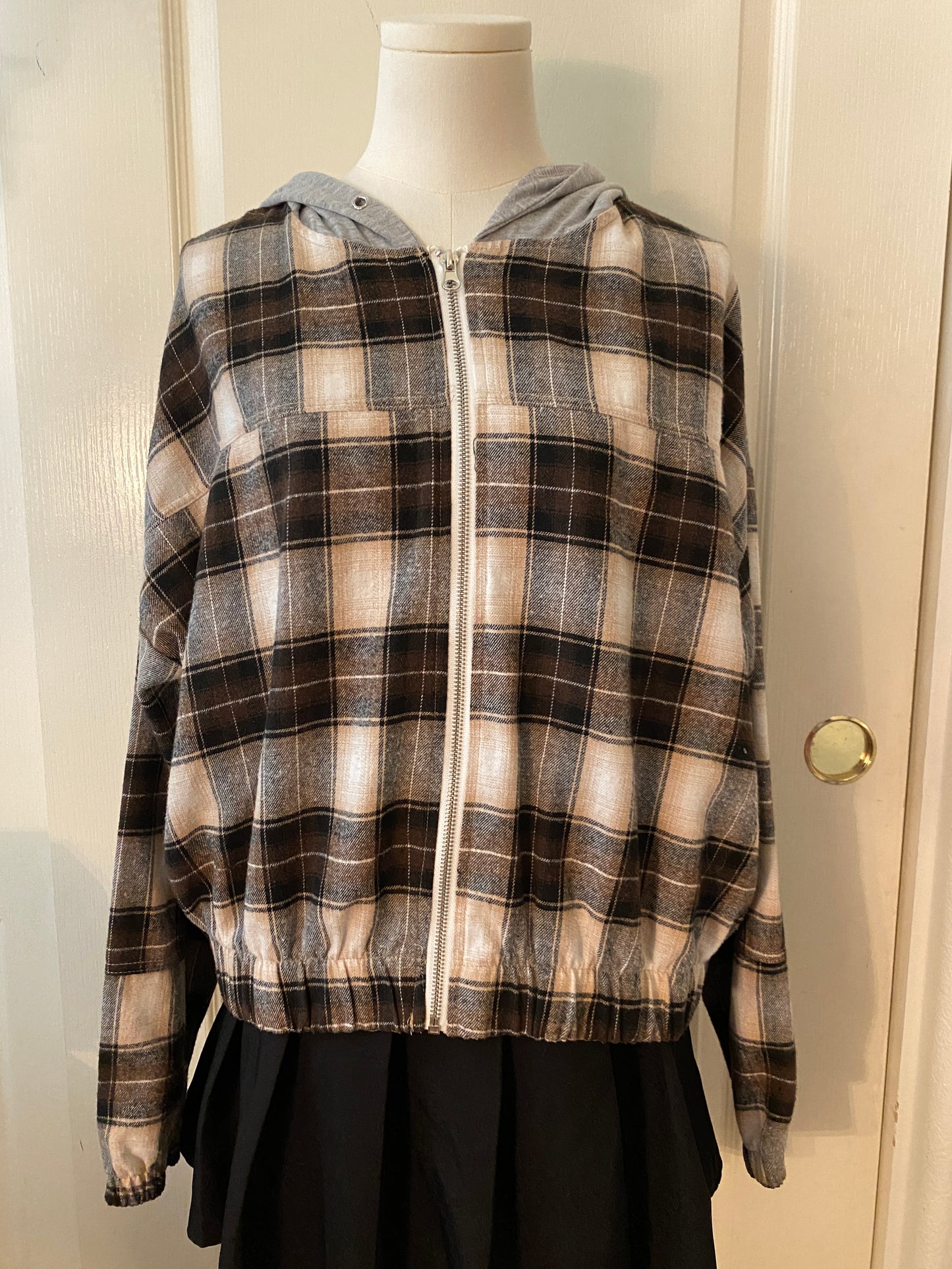 New Look Plaid Brown Tan Autumn Fall Zip Up Hooded Jacket Hoodie