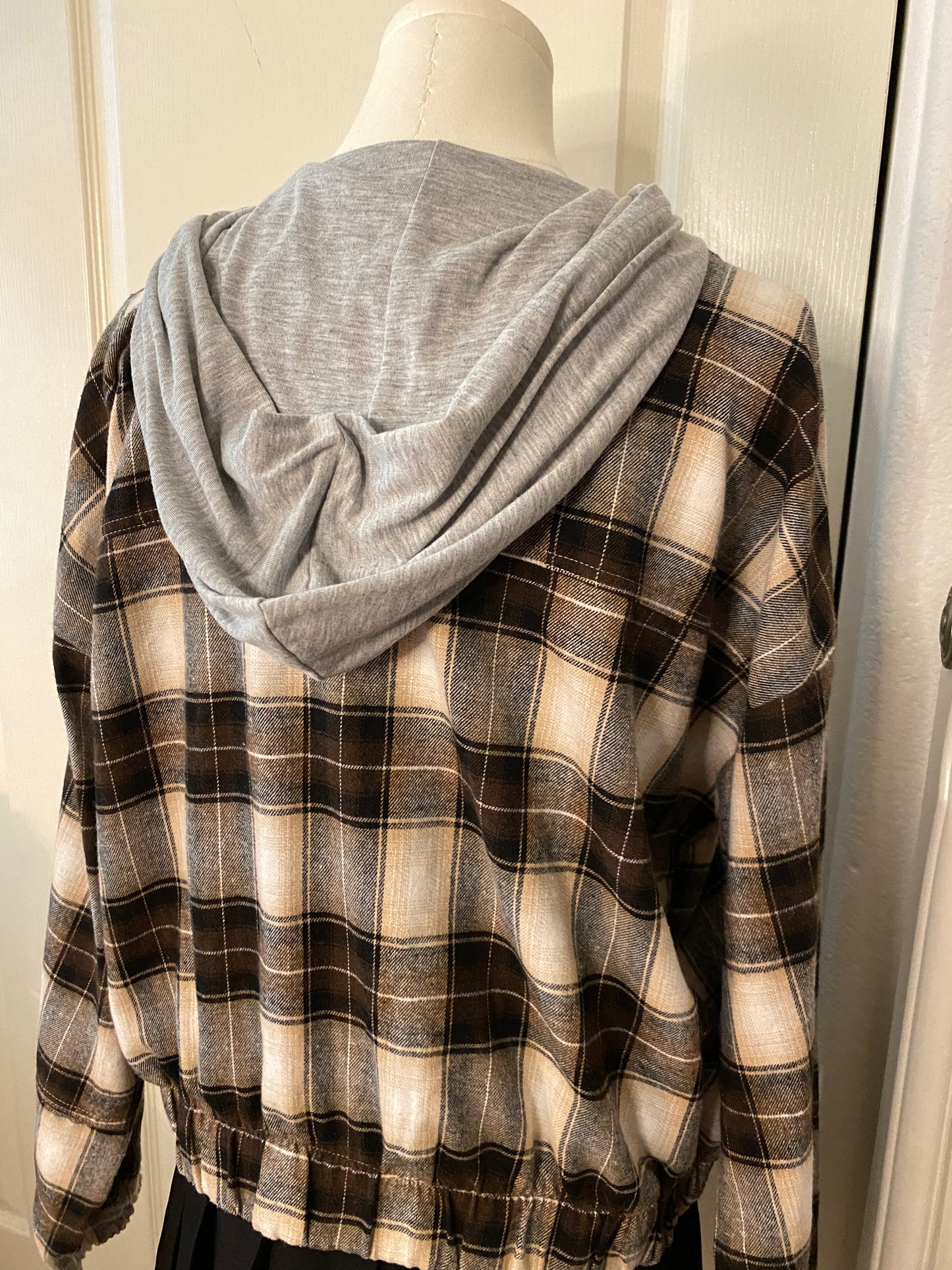 New Look Plaid Brown Tan Autumn Fall Zip Up Hooded Jacket Hoodie