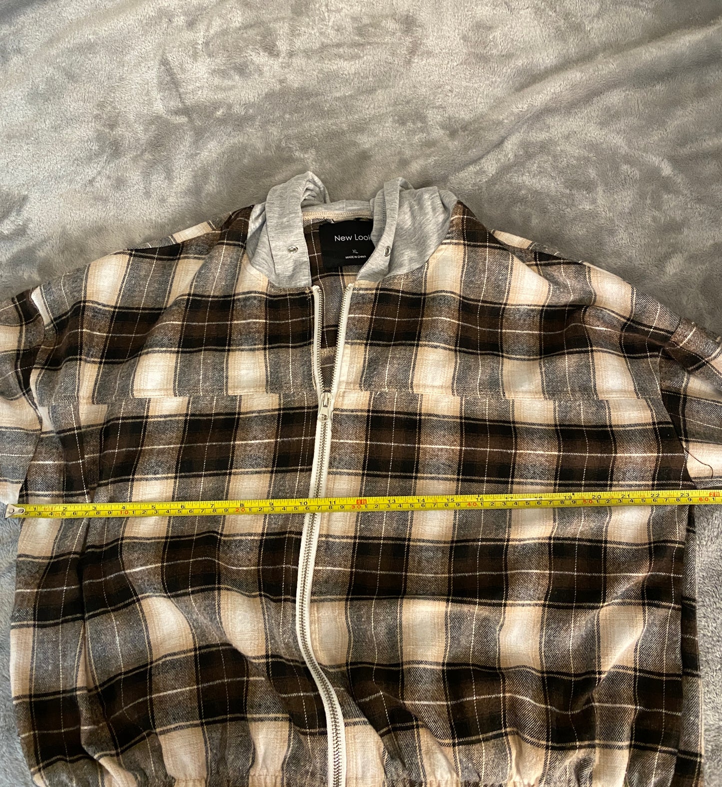 New Look Plaid Brown Tan Autumn Fall Zip Up Hooded Jacket Hoodie