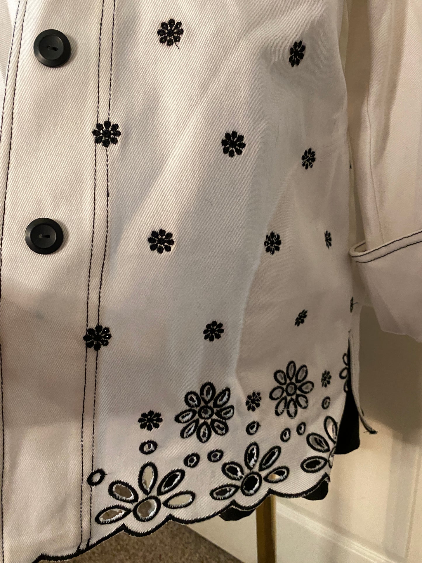 Diane's Essentials Button Up White and Black Embroidered Floral Jacket Coat