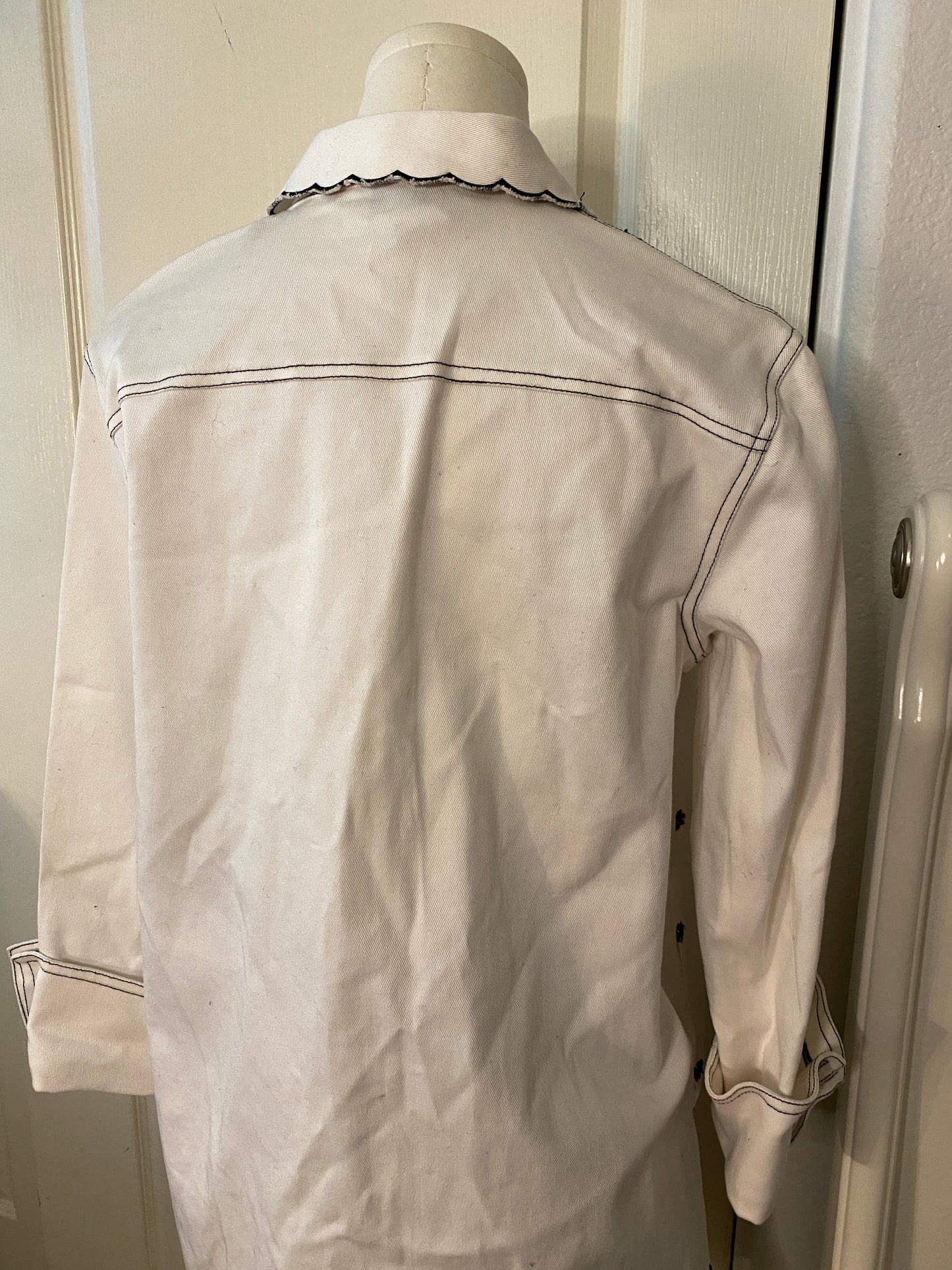 Diane's Essentials Button Up White and Black Embroidered Floral Jacket Coat