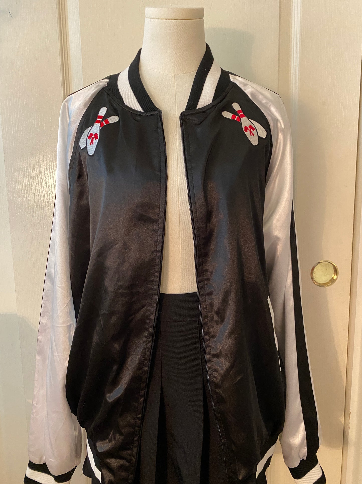 Black and White Satin Bowling League Patches Varsity Long Sleeve Zip Up Jacket
