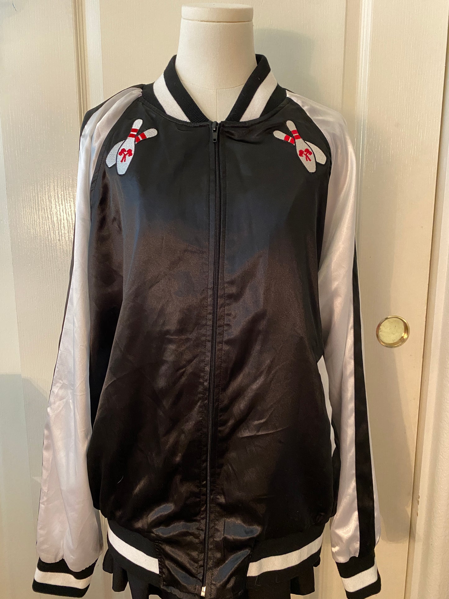 Black and White Satin Bowling League Patches Varsity Long Sleeve Zip Up Jacket