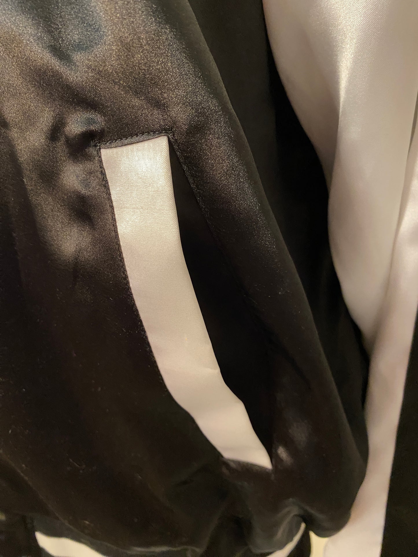 Black and White Satin Bowling League Patches Varsity Long Sleeve Zip Up Jacket