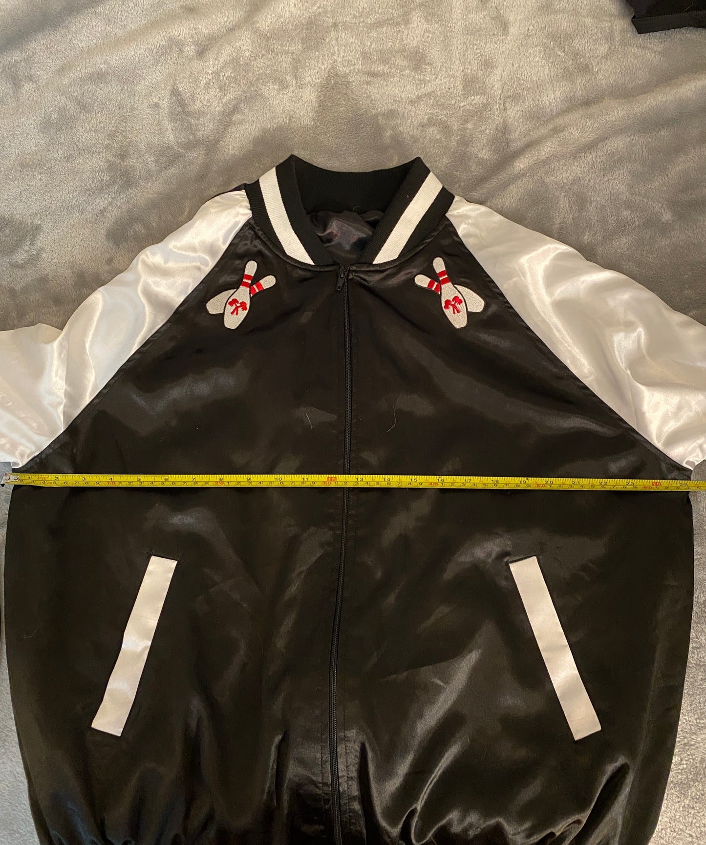 Black and White Satin Bowling League Patches Varsity Long Sleeve Zip Up Jacket