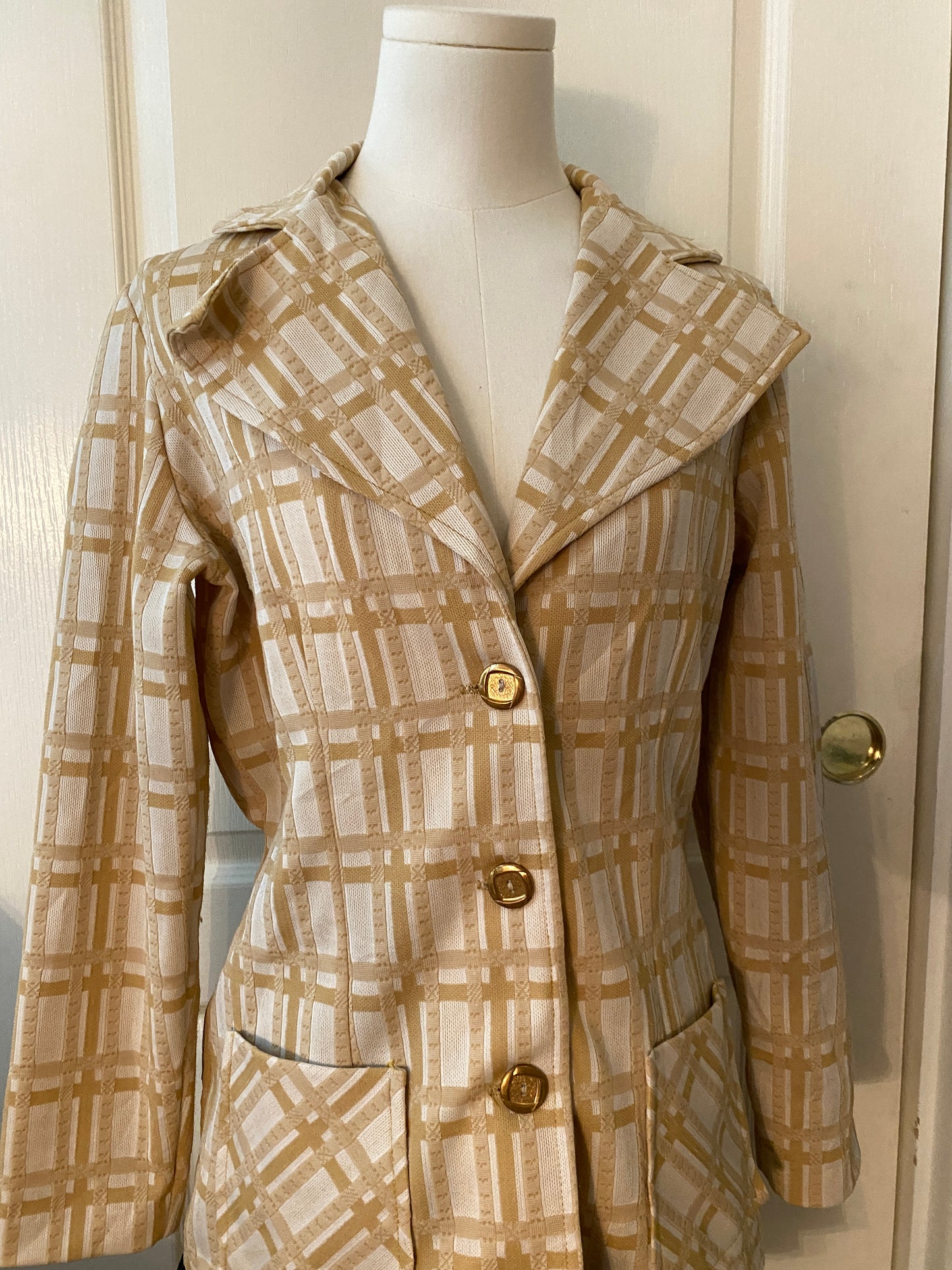 Lady Blair Cream Orange Button Up Plaid Long Sleeve Blazer